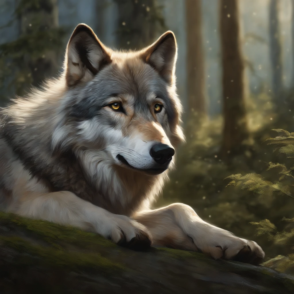 masutepiece, Best Quality, ((Beautiful and detailed wolf)) (Very detailed CG Unity 8K wallpaper), Professional majestic oil painting by Ed Blinky, Atea Geylang, Studio Ghibli, Jeremy Mann, Greg Manchessa, Antonio Moro, Popular on ArtStation, Trending Mid Journey and Greg Rutkowski CG Society, Convoluted, high detailing, Clear focus, Dramatic, Realistic painting