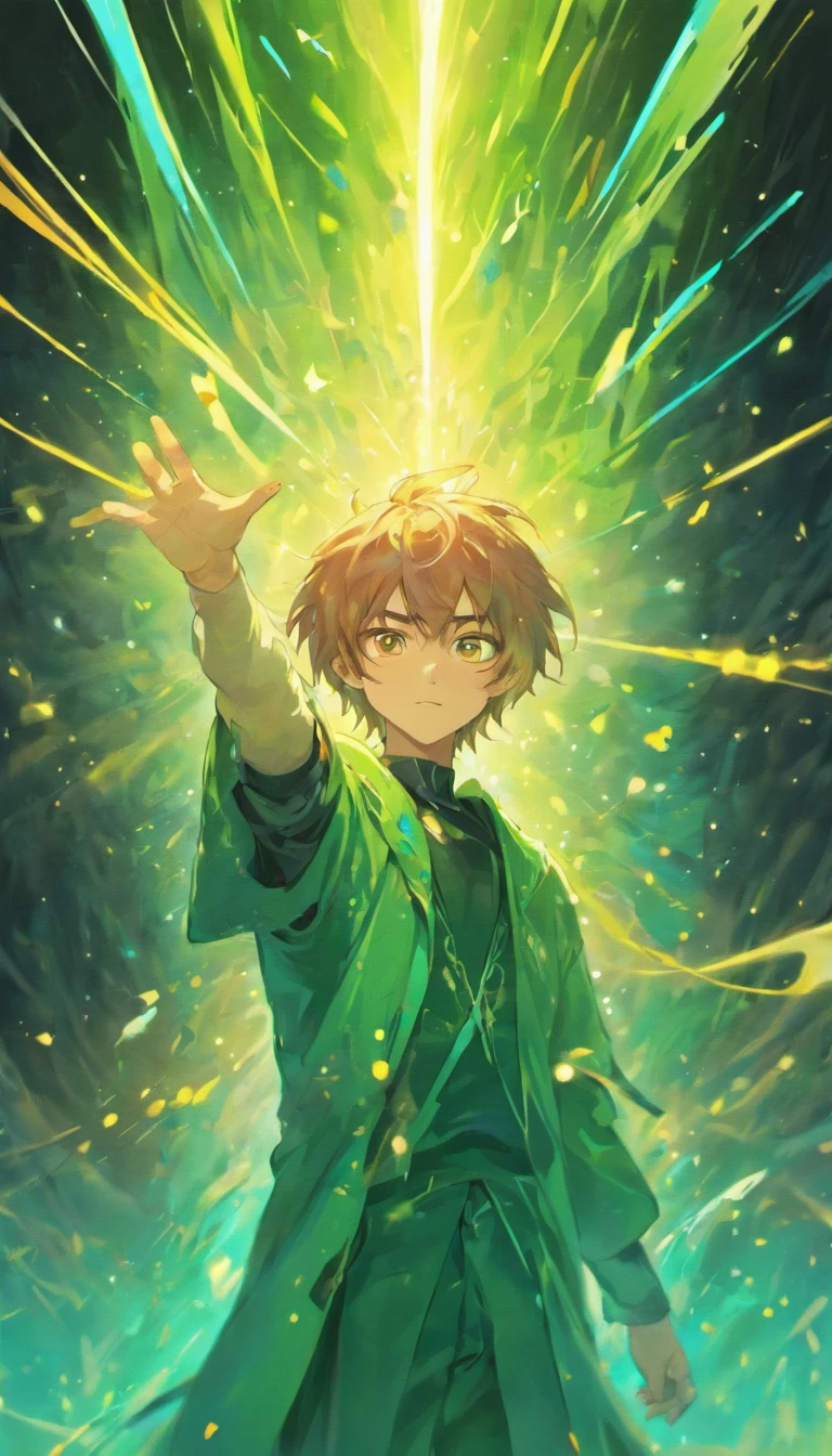 a painting that represents the essence of magic in your world, homem jovem, cabelo loiro, homem, Protagonista de olhos verdes, immersed in a cascade of magical energy of light, with glowing particles dancing around you, rouba bege com marrom.