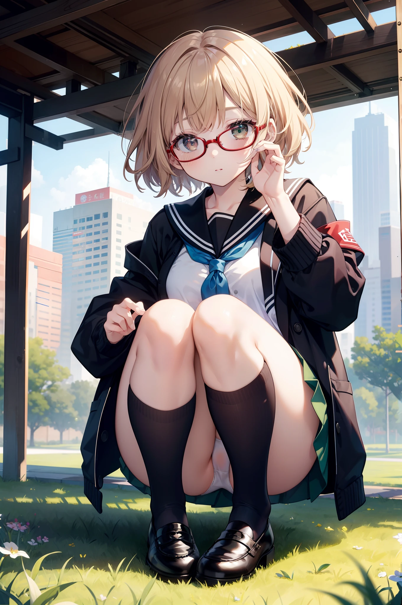 (1 female), 独奏, Kuriyama_mirai, Brown hair_shoe, A black_legwear very, Green grass_skirt by the. Cardigan, eye glasses, The Perfect Five Fingers,open cardigan, Open your clothes, panthyhose, pleatedskirt, Red-framed eyewear, student clothes, serafuku, short-hair, skirt by the, (Superfine), Beautiful breasts, The hair、Top resolution、top-quality、(Angle peeking out from below)、Under the skirt、Under the skirt、(Close-up of underwear from below)、up shirt、Top resolution、top-quality、(masterpiece)、extra detailed face、Original Characters、Perfect litthing、best colors、colourfull、Beautiful fece、finely detail、超A high resolution、Natural voluminous lighting and the best shadows、Deep Depth Of Field(top-quality、Superb Detail:1.4)from the front side、Opening legs、PAW Pose、Squatting、