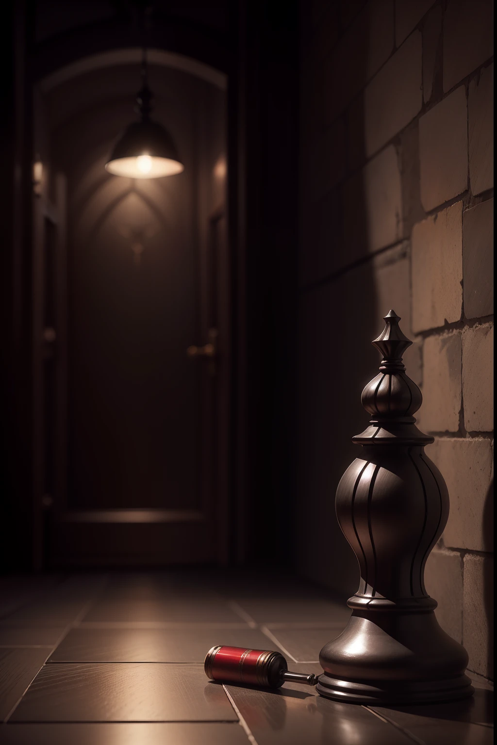only [chessboard, black and white], reflect the Pawn on the wall [shadow of the King] [large and reflected very large on the wall]: Realistic painting, [chessboard], the shadow of must be projected on the wall of the room [figure of a king piece] reflected very large in the background wall, [smoky and kind of gray], dark colors, Lighting in the [goblet with red wine] [very detailed like crystal and red liquid], looks like blood, realistic, better quality, ultra-detailed, red wine spill, suspense, focus, horror, fear