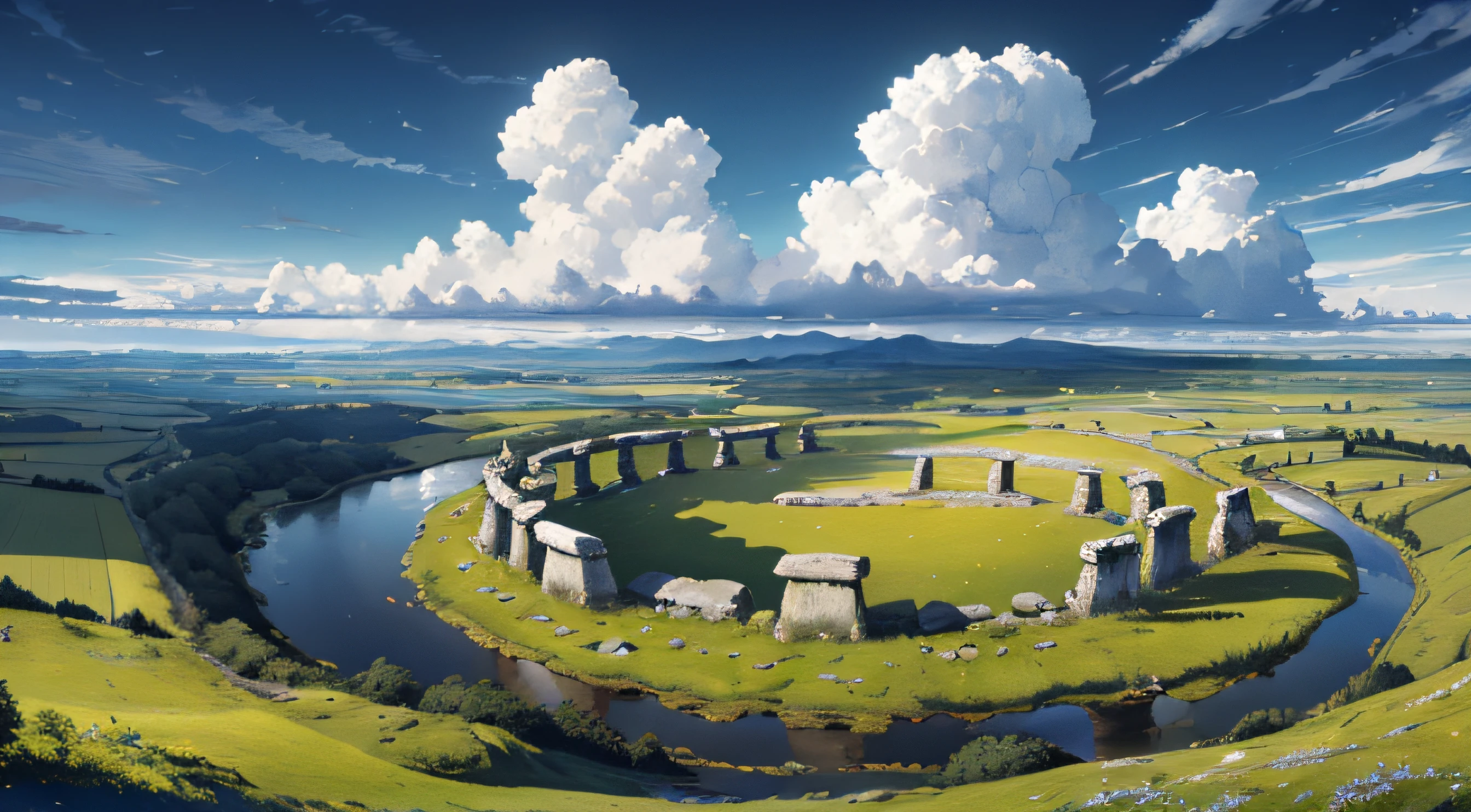((masterpiece: 1.5)),((best quality)),((high detail)),((realistic, panoramic)) ((ultra-detailed:1.3)) landscape of Stonehenge, aerial view, beautiful sky, deformed clouds, 1.3:pine trees, paths with weeds and wildflowers