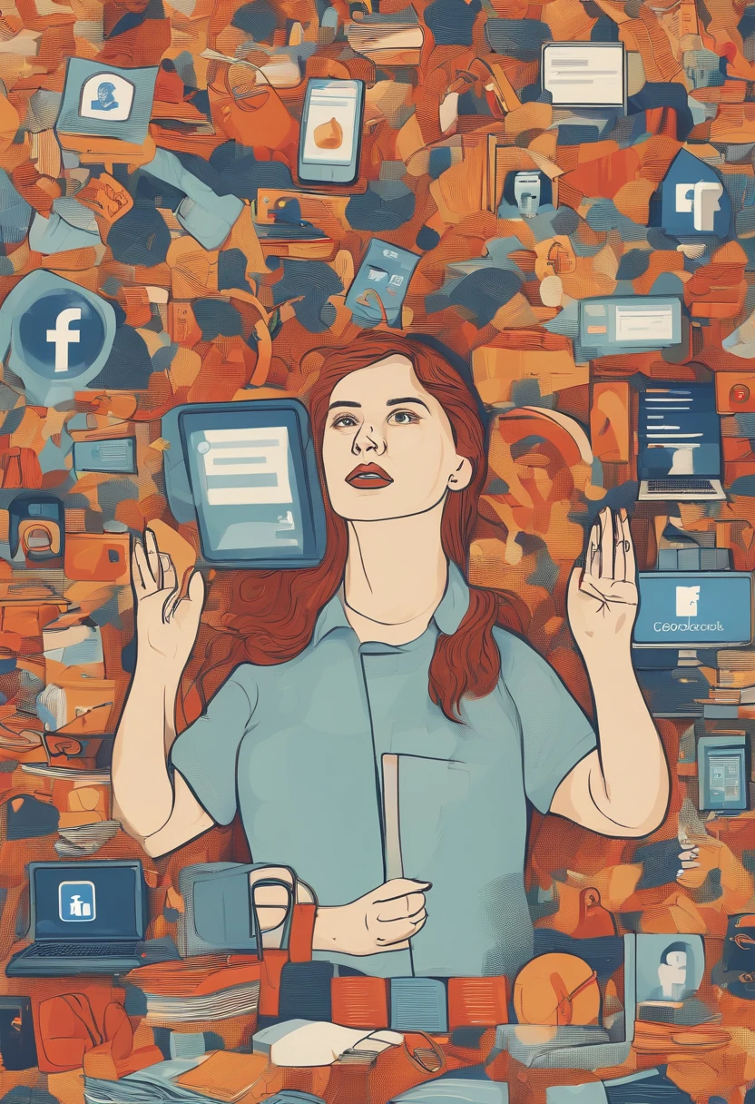 An image of a person with a tired expression, surrounded by various Facebook and Google ads, conveying the feeling of overload and saturation