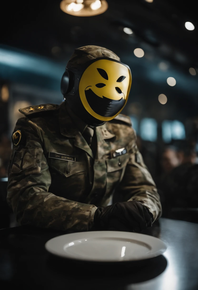 Powered suit with a mask with a smiley face on a silver round plate、camouflage uniform、Hero Movies
