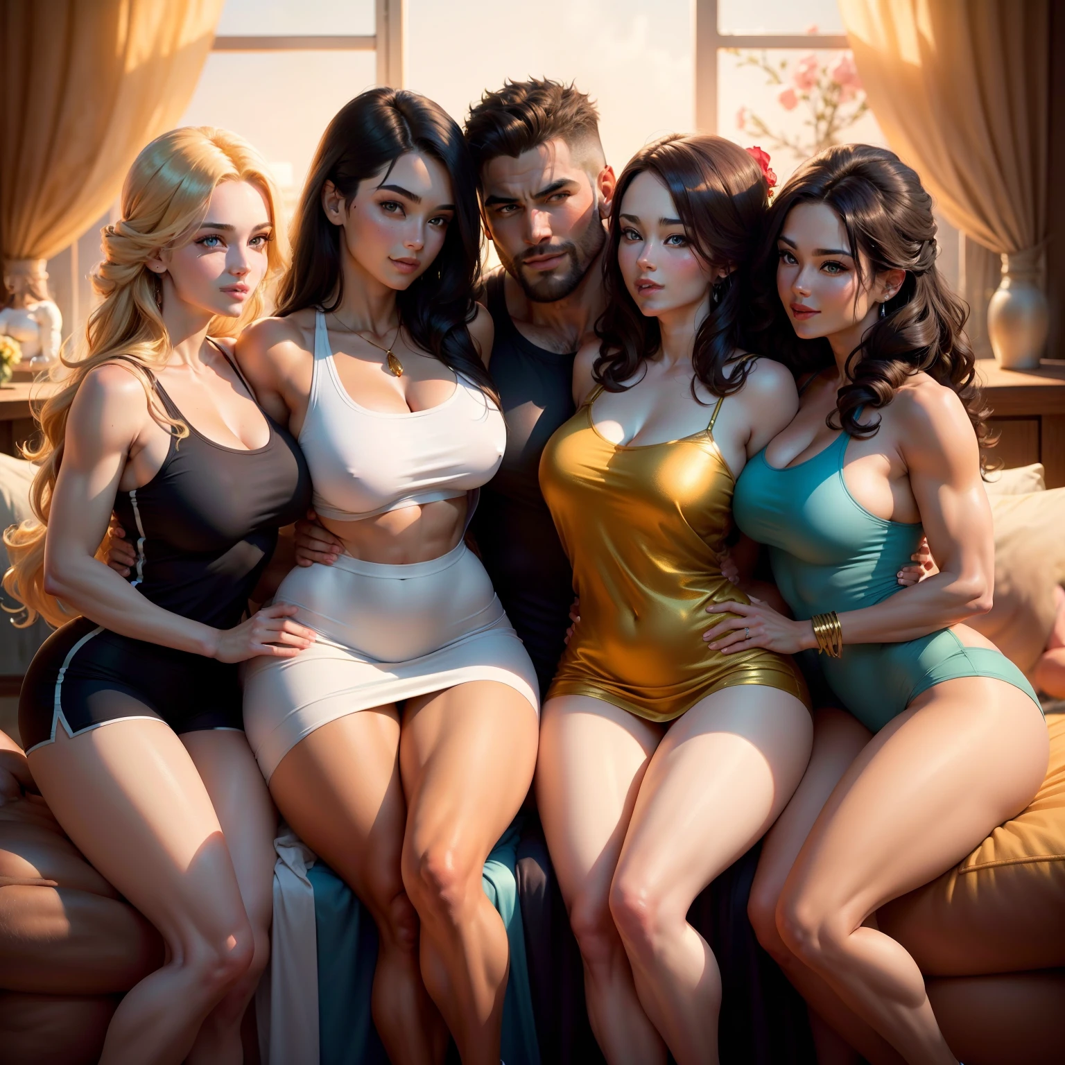 One Handsome big muscular man surrounded by three beautiful athletic women snuggling up against him touching him, wearing comfy clothes that are slightly revealing,  perfect bodies, women: long flowing hair, flowers in hair, seductive, materials, golden hour, , jewelry, golden hour, photorealistic, masterpiece, in love, grins, perfect faces, Flirtatious,