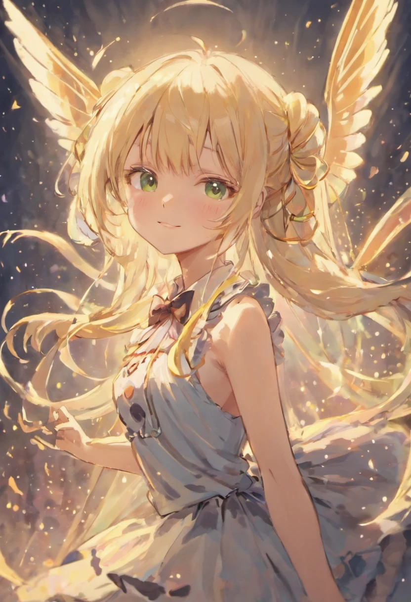 mavis, fairy tail, 1girl, solo, long hair, blonde hair, bow, ribbon, cute background, ahoge, wings, bowtie, capelet, smiling head wings, sparkling green eyes