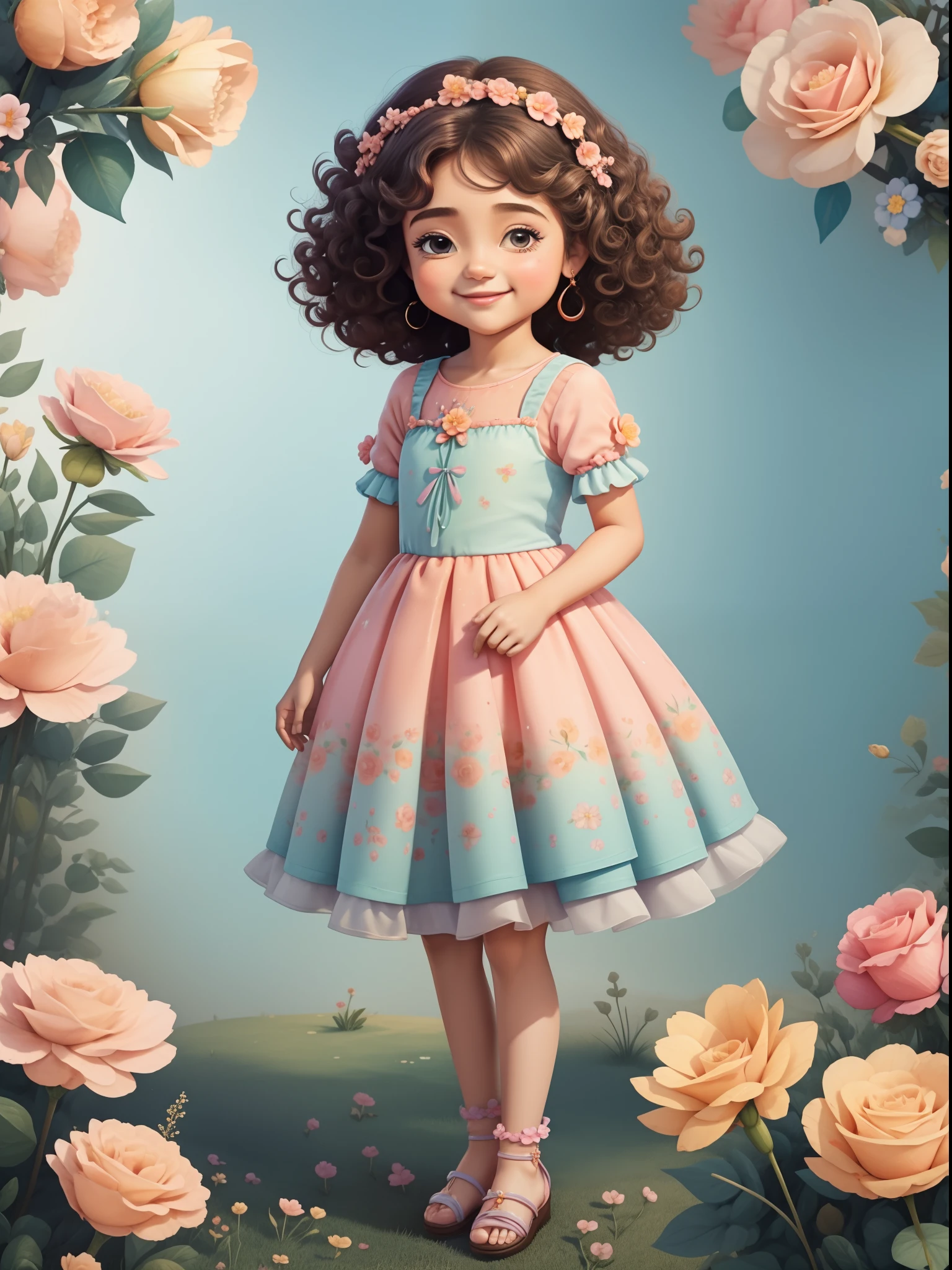 Gerar a imagem de uma princesa filha do rei fofa orando, curly hair standing full body, Ansioso, segurando flores em aquarela, sorridente;, vestido azul e rosa floral com babado de rosas, alta qualidade, com um fundo png, 16k, sharped image, cute