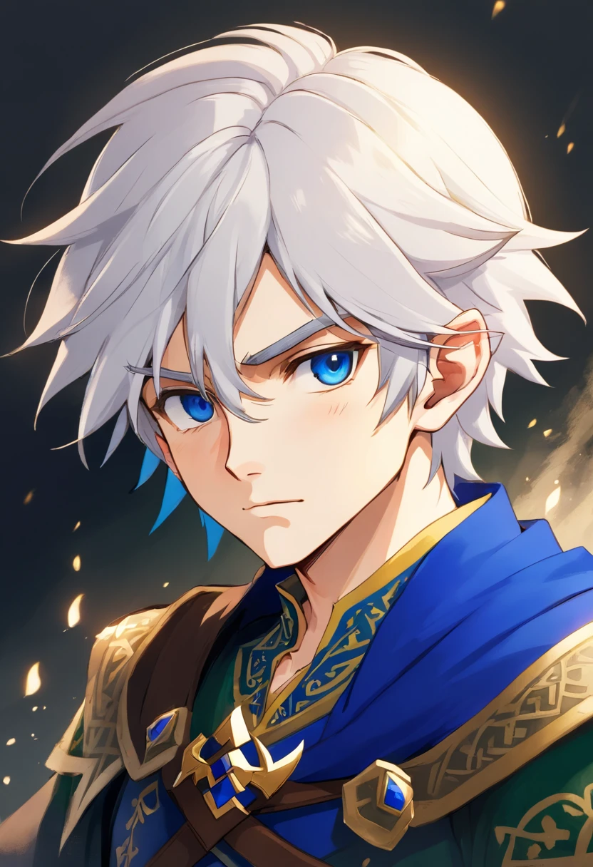 Story of a adult man with short white hair and blue eyes