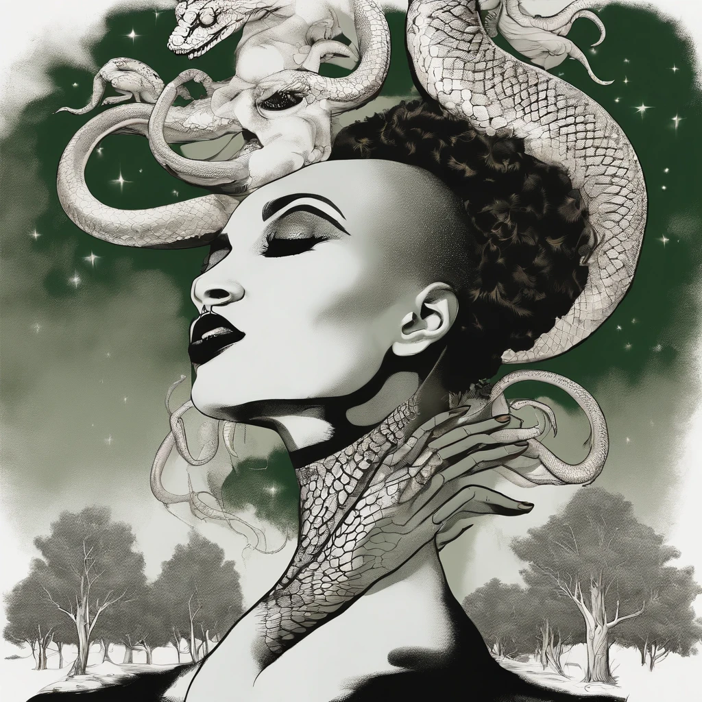 Medusa, hand drawn sketch, pen and ink line illustration, candid, double exposure, silhouette, optical illusion,((art style "Sean Gordon Murphy" comic drawing, splash panel)), nyctophobia, craftsmanship nuance, full body portrait, (background, pine barrens, entropy, rewilding, magic hour sunset with galaxy stars, cosmos), comics of the 1990's, harsh ink lines, expressive ink techniques, distinctive line work, precise harsh strokes, dynamic expressive linework full body portrait, (body, Naga, snakefolk, lower body snake tail, snake woman hybrid, bald, hairless, skeleton, body drawn in Frederic Delavier musculature anatomical illustration art style, (horror, abstract, surreal, body, cosmic), ((colors, forest green to earth brown, merge bleak muted deep fiery radiant glowing ROYGBIV)), snake skin tattoos, piercing eyes, snake pupils), (face, ornate black metal corpse paint, resembles Grace Jones), snake skin dress, subliminal orchids, , (art style Gerardo Zaffino charcoal), unfinished,