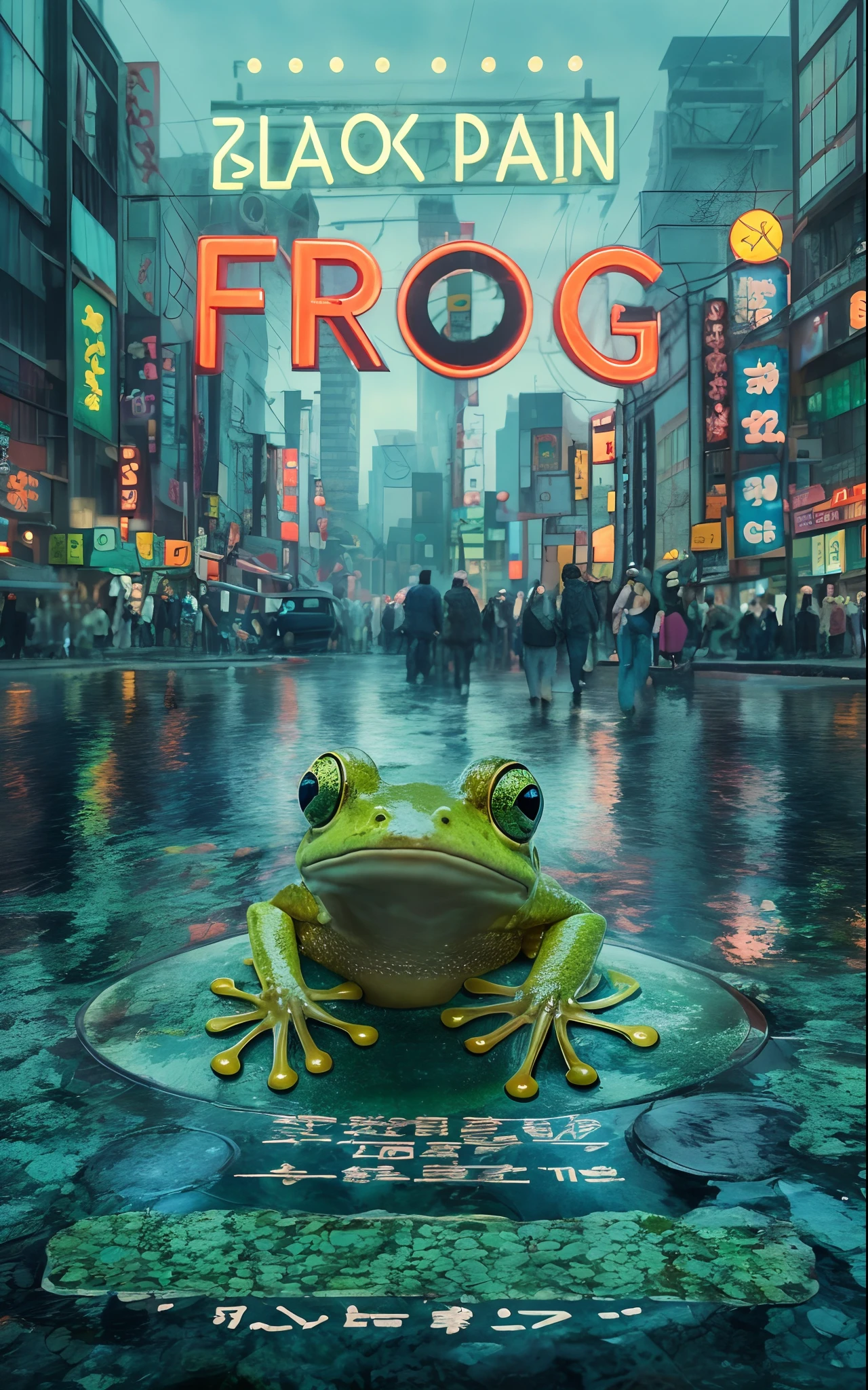 "Create an 8k-resolution wallpaper featuring a deeply submerged city of Tokyo as the backdrop, with a large, creepy, and realistic frog sitting at the center. The water surface upon which the frog sits should serve as a mirror, but instead of reflecting the frog, it should reflect a standing teenage girl. In the background, showcase citizens walking indifferently. Add a flickering neon sign in pink and orange to the side that spells 'frog.' Overlay the image with the movie title 'frog' and beneath it, in smaller text, add 'black rain.' Pay special attention to achieving a beautiful and realistic rendering of the water surface, and ensure that the lighting and color palette contribute to a surreal and moody atmosphere