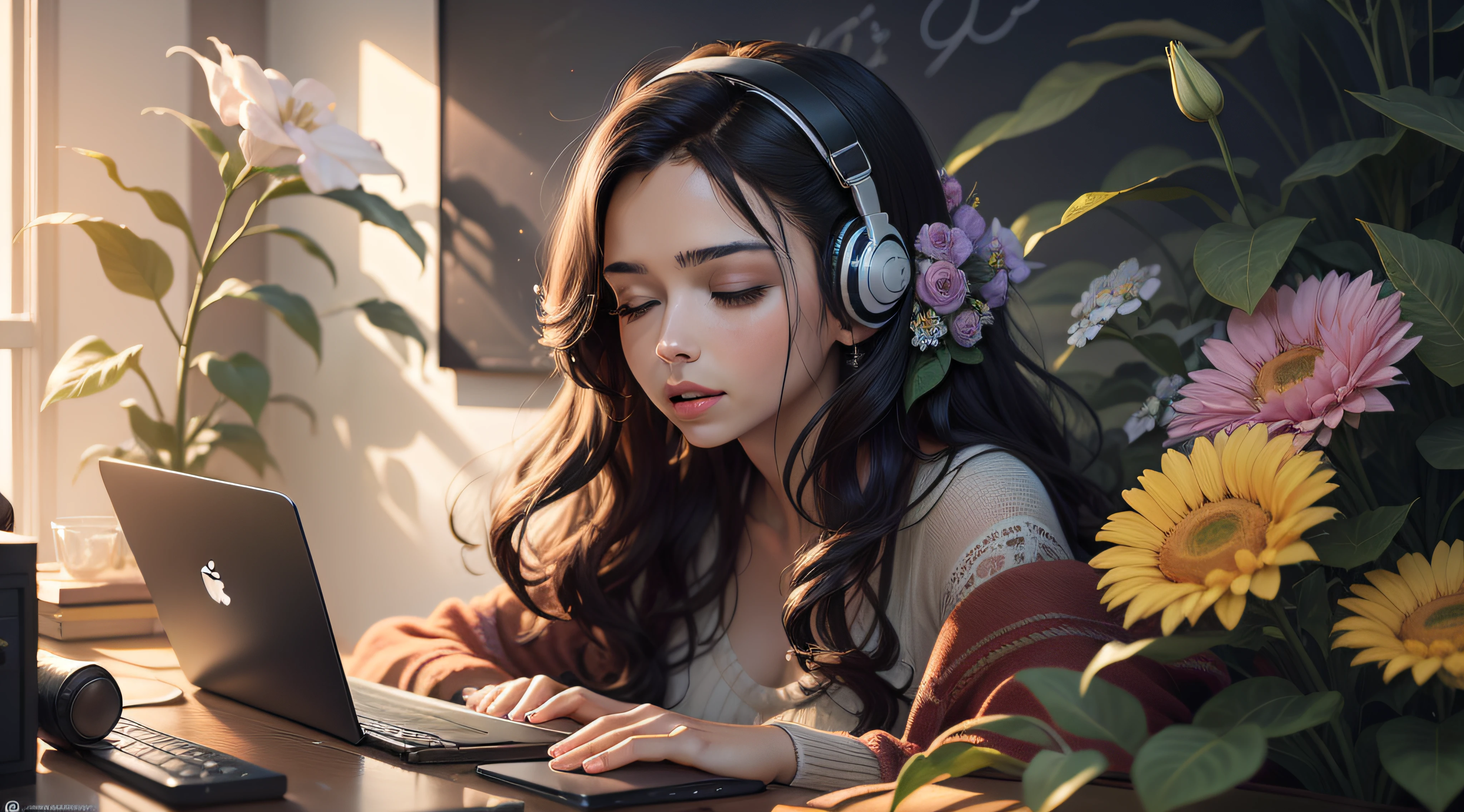 Obra-prima, melhor qualidade, Woman in romantic vibes, fone de ouvido, quarto, flores, sentada estudando e olhando para o computador, fone de ouvido, quarto