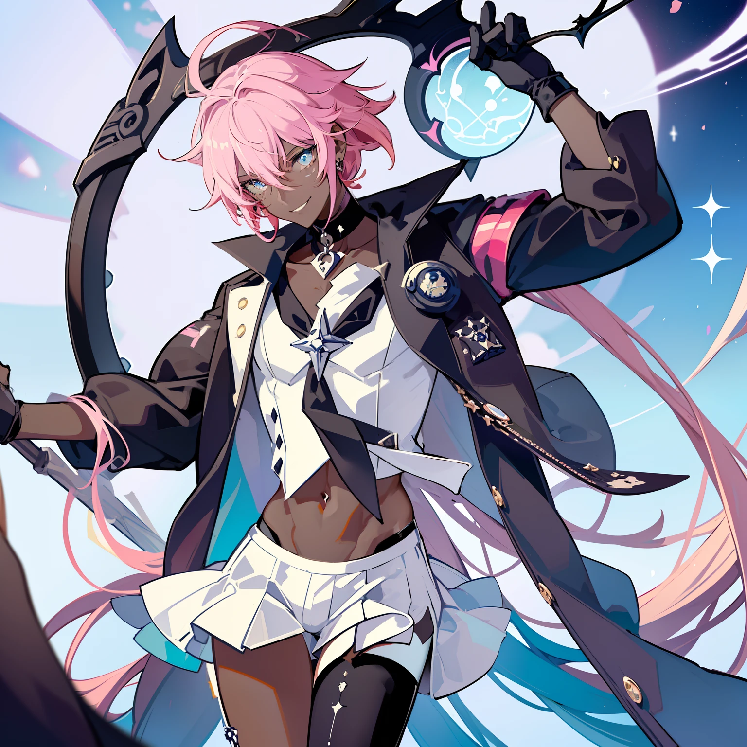 "Create a stunning artwork of a (( Beautiful,Man as hybrid of Sailor Moon with intricate details, vibrant colors, and dynamic poses, Smiling )), ((the Man has dark skin:1.4)) ,(( long white hair with Pink streaks ,)) and (( a Skimpy white and Pink Outfit with white shorts that shows his midriff)).incorporate elements of Sailor Moon's iconic outfit, such as the sailor collar and bow, while adding (black Rock Shooter unique style and attitude)), Carrying a Scythe,Show him in a powerful, Sexy and confident pose, Ensure the artwork is of the highest quality, with exquisite attention to detail and flawless execution.", sailor outfit