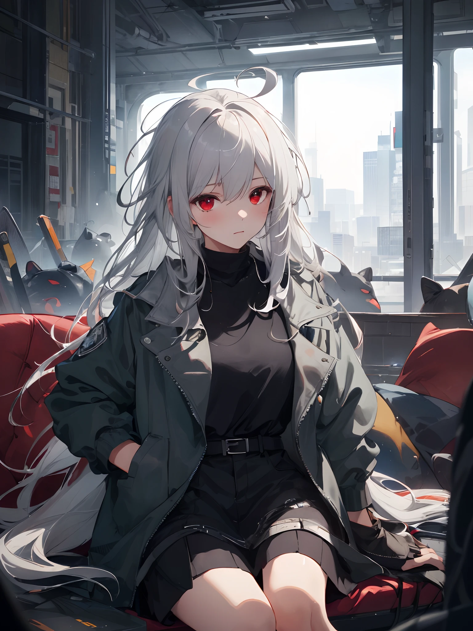 (masterpiece, best quality, high quality), 1 girl, ((unmoved)), sitting, looking at the audience, white hair, (long hair, messy hair), red eyes, :(, flowing hair