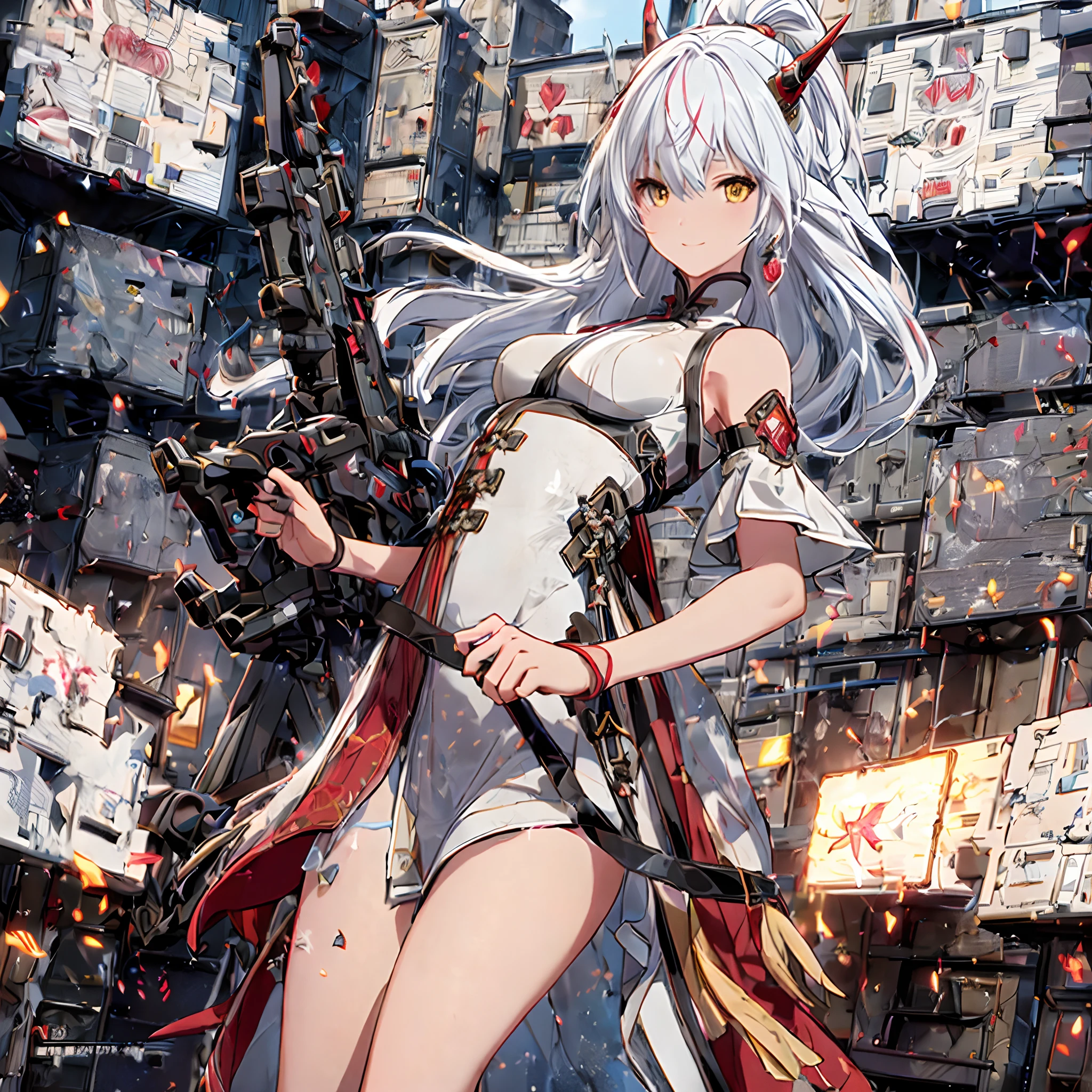 an alone girl with long red color slice gray hair and yellow eyes running in china city , night time, High detail mature face, 2 short mechanic horn on the head, bare leg, bare shoulder, white china dress, white glove, black boot, high res, ultra sharp, 8k, masterpiece, smiling, assault rifle on the girl side, fantasy world, magical radiance background ((Best quality)), ((masterpiece)), 3D, HDR (High Dynamic Range),Ray Tracing, NVIDIA RTX, Super-Resolution, Unreal 5,Subsurface scattering, PBR Texturing, Post-processing, Anisotropic Filtering, Depth-of-field, Maximum clarity and sharpness, Multi-layered textures, Albedo and Specular maps, Surface shading, Accurate simulation of light-material interaction, Perfect proportions, Octane Render, Two-tone lighting, Wide aperture, Low ISO, White balance, Rule of thirds,8K RAW, Aura, masterpiece, best quality, Mysterious expression, magical effects like sparkles or energy, flowing robes or enchanting attire, mechanic creatures or mystical background, rim lighting, side lighting, cinematic light, ultra high res, 8k uhd, film grain, best shadow, delicate, RAW, light particles, detailed skin texture, detailed cloth texture, beautiful face, (masterpiece), best quality, expressive eyes, perfect face,