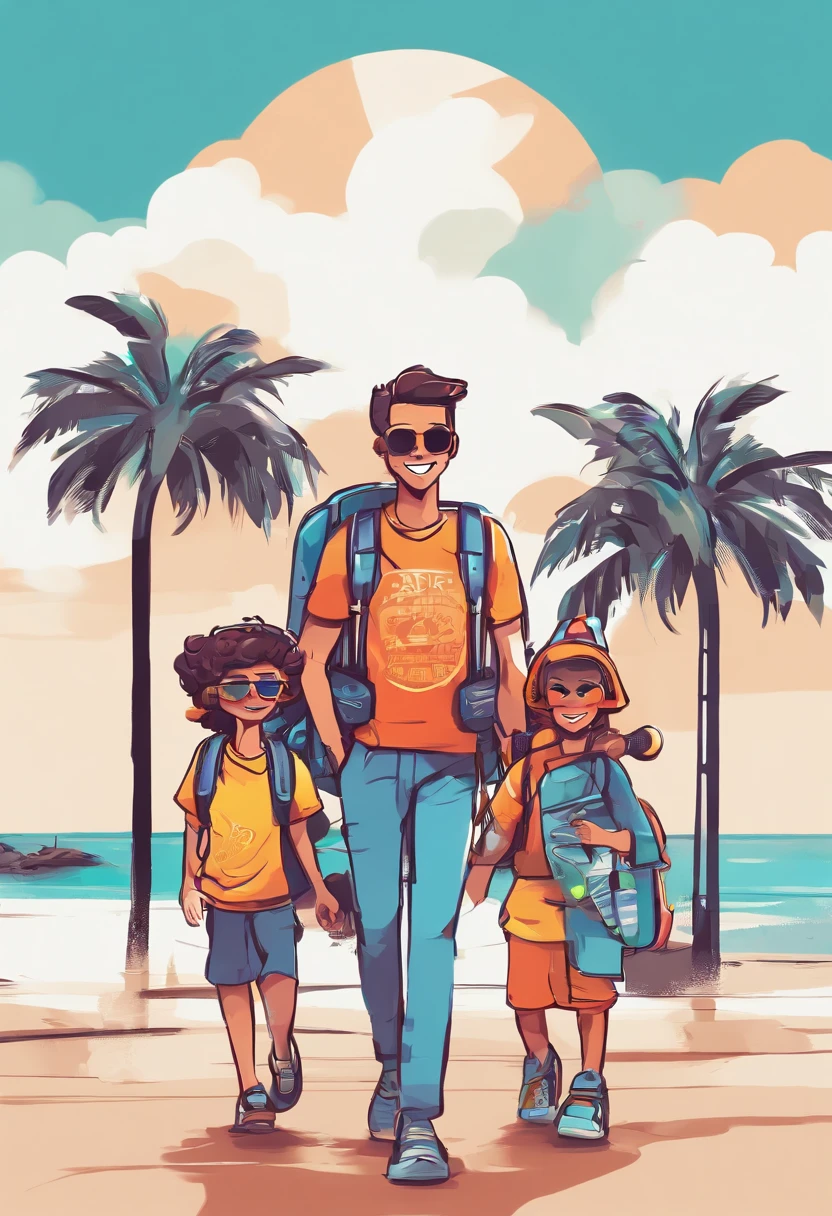 a family in cartoon style carrying backpacks on a vacation with happy smiles, palm trees, front view, all white background, streetwear design, pro vector, 10 colors only, solid colors, no shadows, full design, cool colors, sticker, bright colors