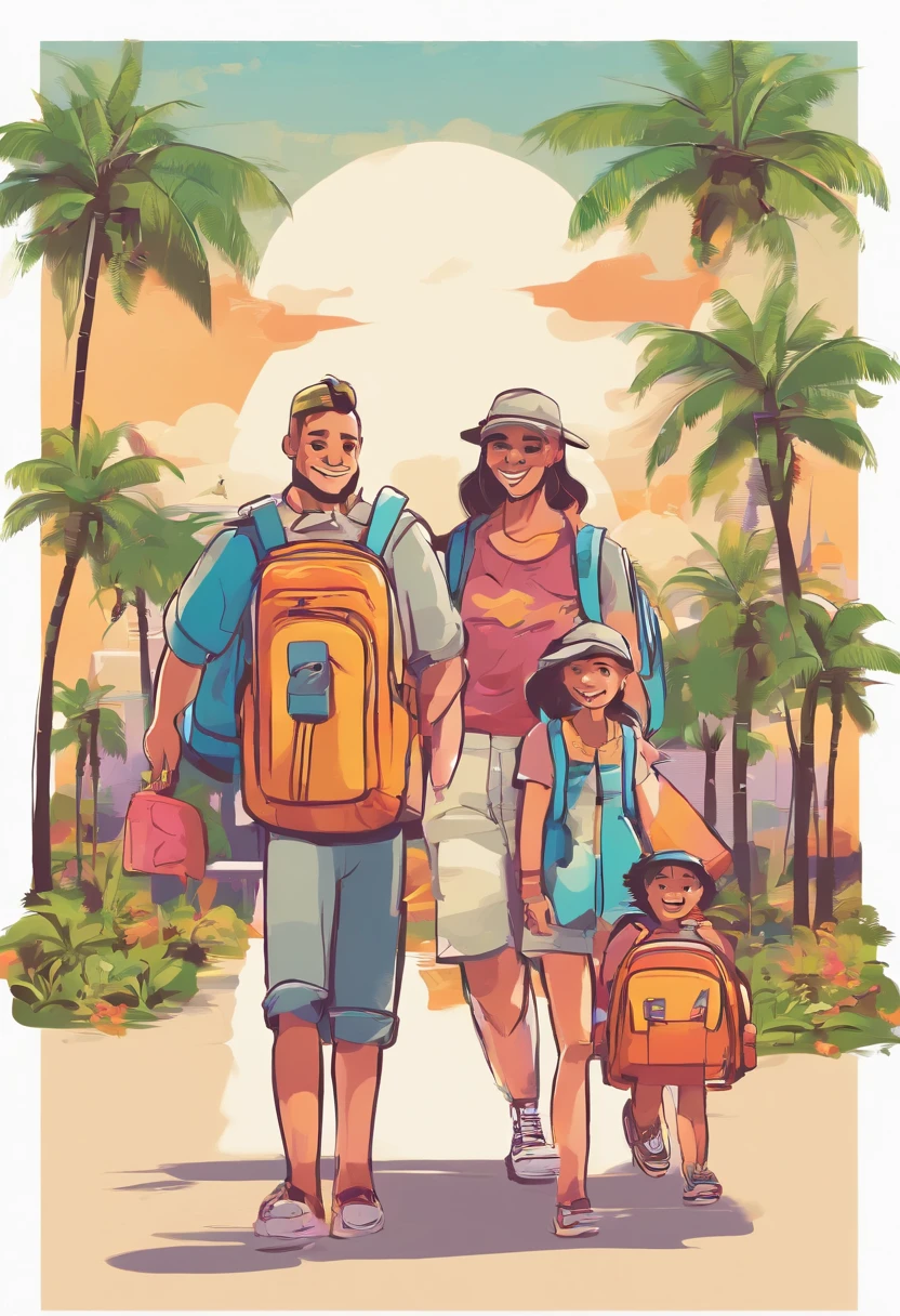 a family in cartoon style carrying backpacks on a vacation with happy smiles, palm trees, front view, all white background, streetwear design, pro vector, 10 colors only, solid colors, no shadows, full design, cool colors, sticker, bright colors