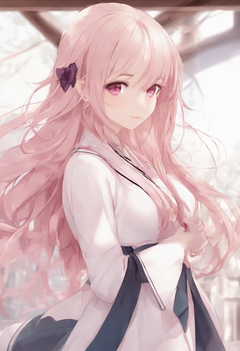 1girl in, masutepiece, Best Quality, hightquality,Pink eyes, Twin-tailed, Long sleeves, student clothes, Very long hair, full bodyesbian, three sided view, White background