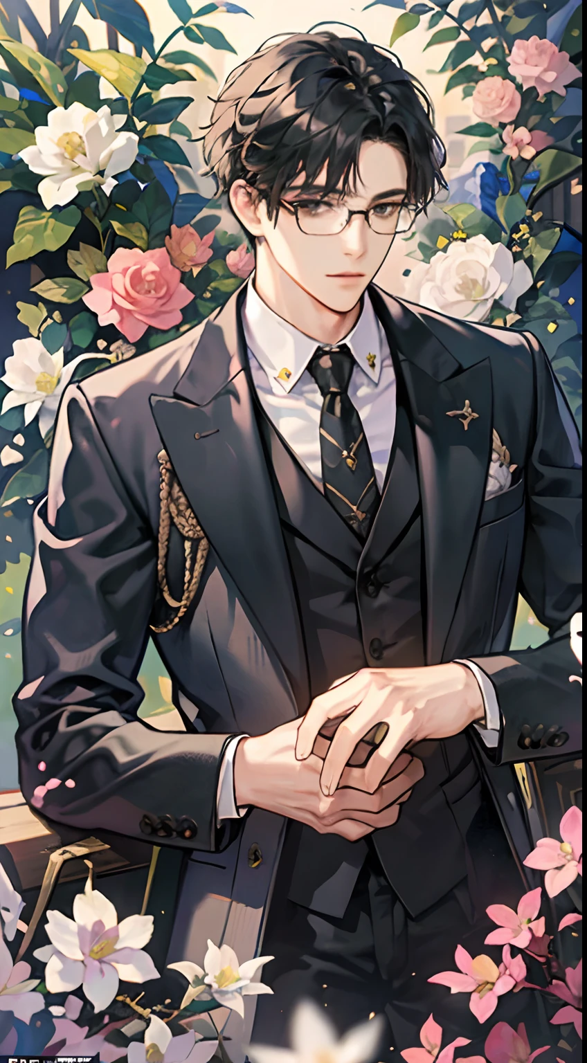 ((masterpiece: 1.2, best quality)), 1 man, short black hair, black eyes (handsome: 1.4), suit, fantasy, royalty, blooming flowers, sunlight, fantastic light and shadow , landscape, extremely detailed face, portrait, cool, glasses