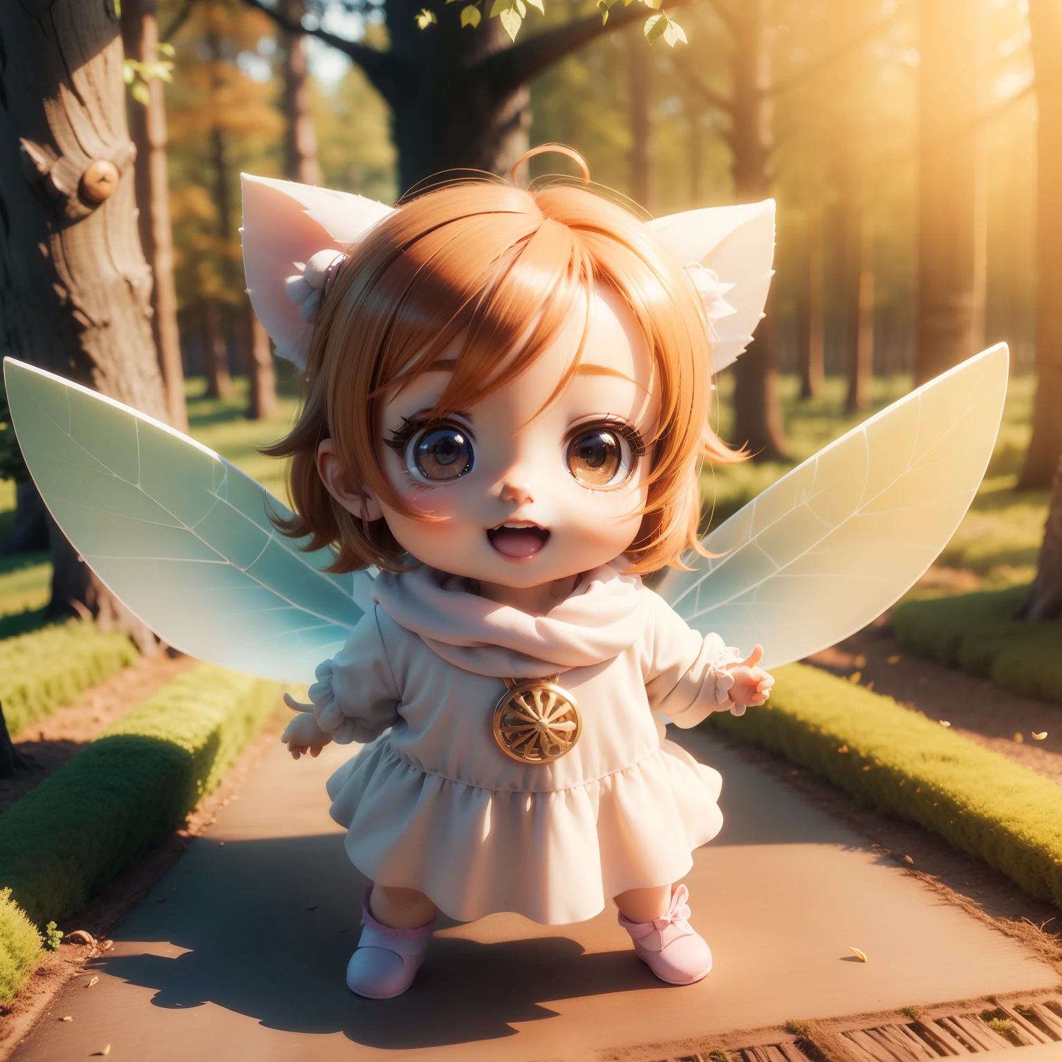 Cute Baby Chibi Anime,(((chibi3d))) (best quality) (masterprice)、Chibi Fairy、sprawl、Open your mouth and smile、Standing、A detailed face、Fairytale autumn forest in the morning sunlight