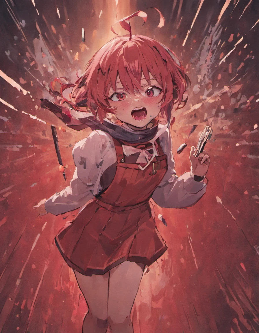 anime character with bloody teeth and a knife in his hand, gapmoe yandere grimdark, albedo from the anime overlord, ahegao, yandere intricate, gapmoe yandere, drooling teeth bared, anime monster girl, digital art from danganronpa, yandere, vore art, horror!! highly detailed, horrifying creature