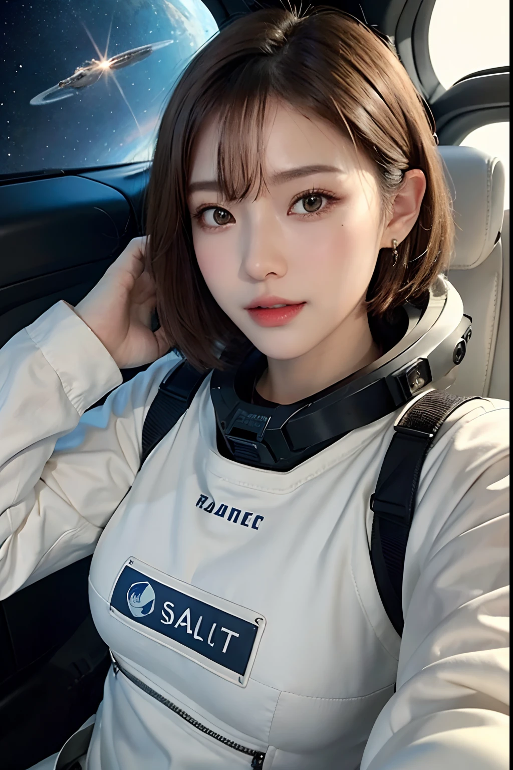 top-quality、masterpiece、超A high resolution、(realisitic:1.4)、Beautuful Women1、Beautiful detail eyes and skin、ssmile、Light brown short-cut hair、The perfect spacesuit、spaceships、cockpit、cosmic space、