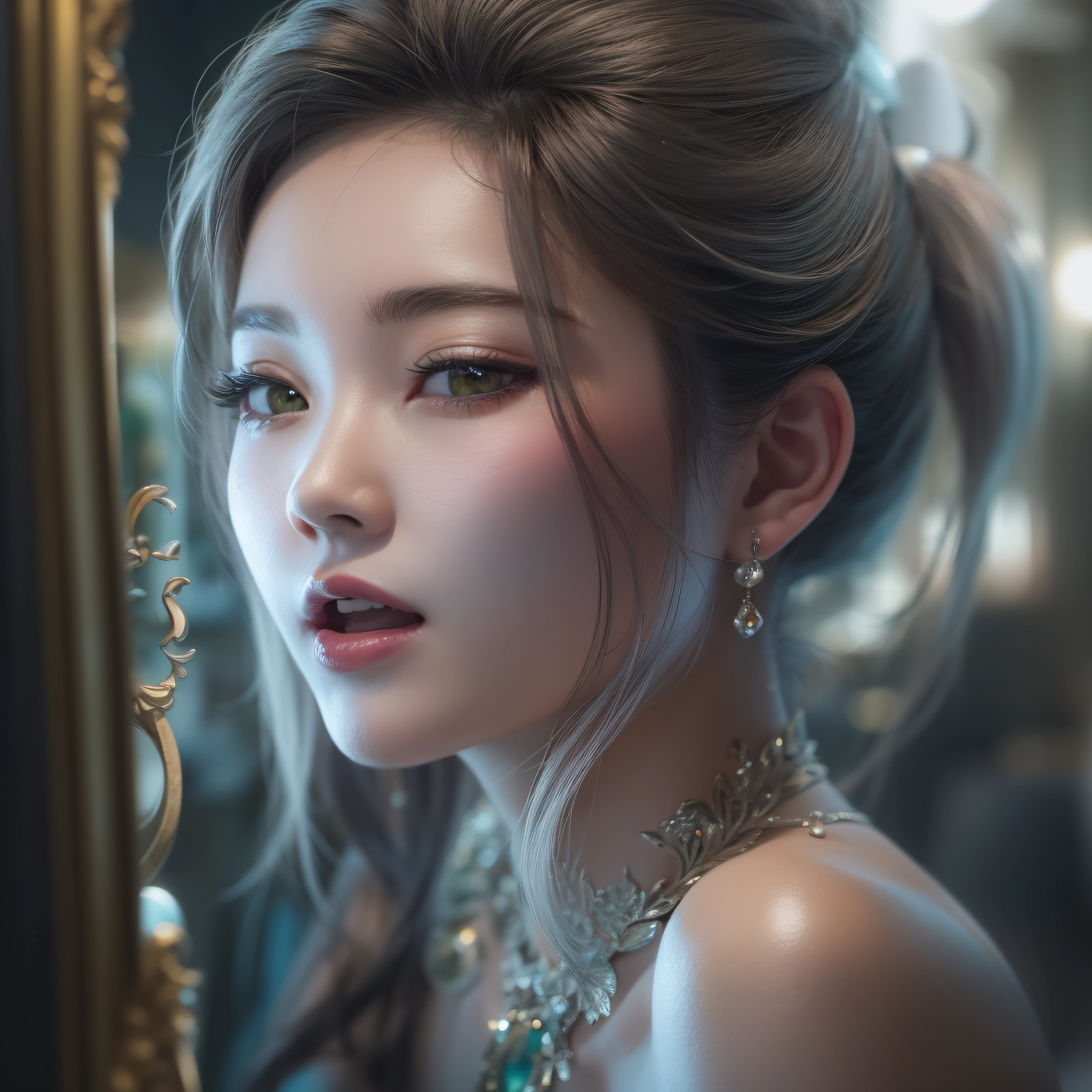 Close-up of laughing face、Close-up of laughing face、companion、makeup、Glossy lips、Shining eyes、silver ponytail hair、(realisitic、hight resolution)、(1 girl in)、Do-Up Eye、Korean Girl、(Best Quality), (masutepiece), (1girl in), Solo, a beauty girl, Perfect face, dreamlikeart、Highly detailed airbrush art((Surreal))、Volumetric lighting、(top-quality)、The ultra-detailliert、Highly detailed colorful details、(Bright lighting)、dynamic compositions、Ray traching、The mirror reflects light、Shallow depth of field、ultra-detailliert、mixing  exposure、nffsw、Her eyes shine with dark green、
