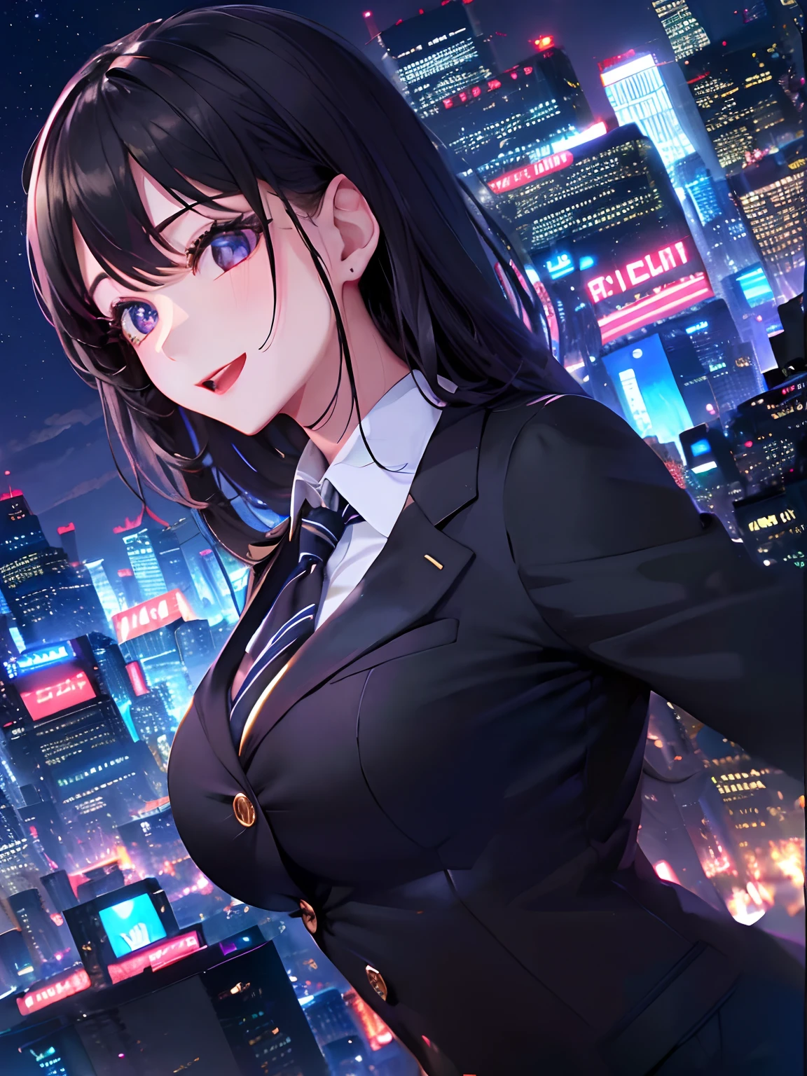 one-girl((There is a five-pointed star in the eye))A girl with long purple hair,(((Blushlush)))Smile,Open mouth,short skirt,Kneeling,Beds,,white stockingsmasutepiece、Best Quality、Illustration、 ultra-detailliert、hight resolution、8K Wallpapers、Perfect dynamic composition,、Beautiful detailed eyes、White collared shirt、neck tie、(Black suit jacket:1.3)、(Black suit pants:1.3)、(Beautiful Large Breasts:1.3)、Bold sexy poses、Smile、Harajuku、20 years girl、Cute、Beautiful sister、Sexy shot looking at camera、night skyscraper