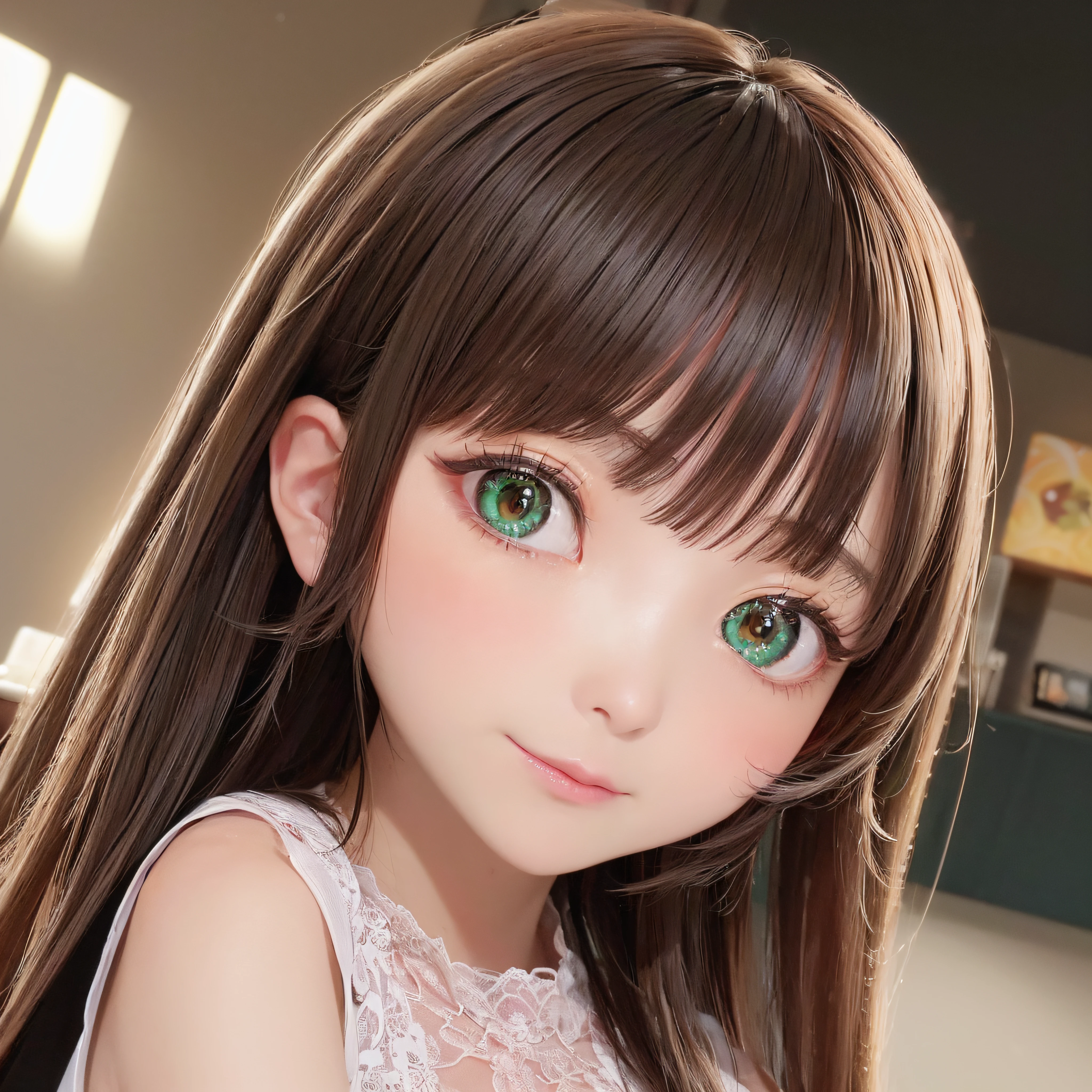 (realisitic、hight resolution)、1 girl in、Do-Up Eye、Korean Girl、(Best Quality), (masutepiece), Solo, a beauty girl, Perfect face, (top-quality)、The ultra-detailliert、Highly detailed colorful details、(Bright lighting)、ultra-detailliert、nffsw、Her eyes shine with dark green、