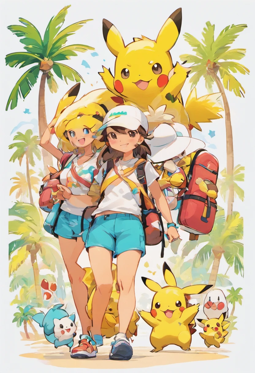 a family in cartoon style carrying backpacks on a vacation with happy smiles, palm trees, front view, all white background, streetwear design, pro vector, 10 colors only, solid colors, no shadows, full design, cool colors, sticker, bright colors