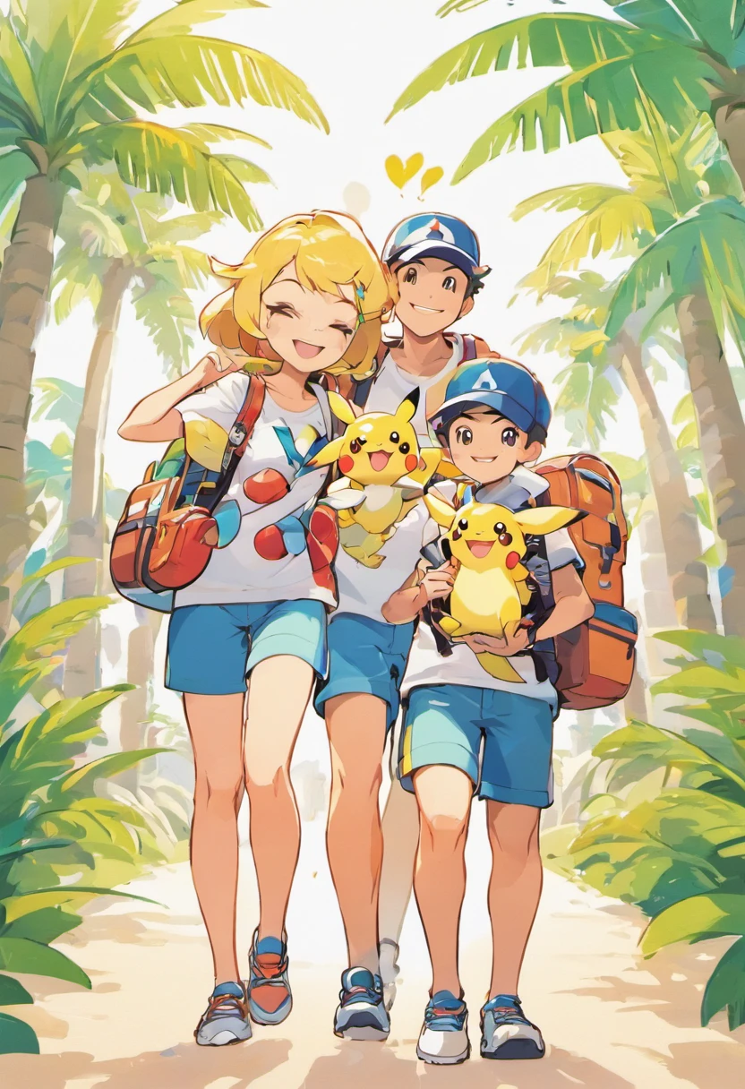 a family in cartoon style carrying backpacks on a vacation with happy smiles, palm trees, front view, all white background, streetwear design, pro vector, 10 colors only, solid colors, no shadows, full design, cool colors, sticker, bright colors