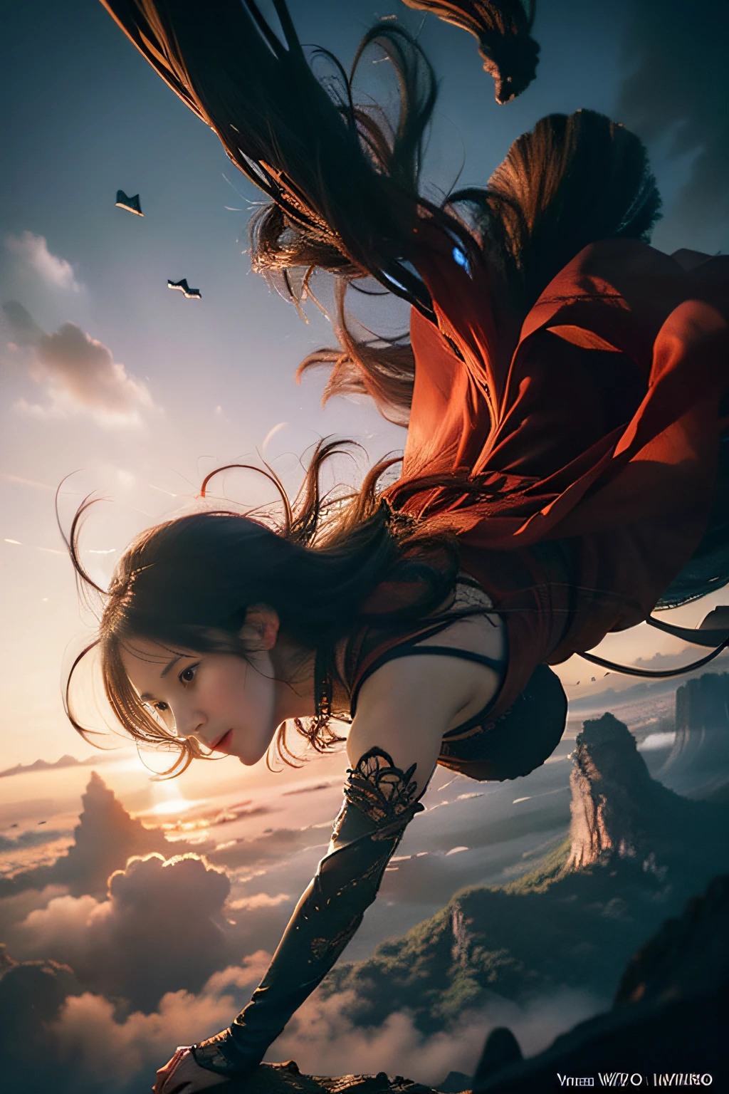 Simsbo、(dark brown eyes)Create images with a sense of depth and three-dimensionality,(1womanl:1.2),onimous, Analog 150mm lens、Beautiful Natural Soft Rim Light、mountain ranges、sea of clouds、the morning sun、wanting、grand、(1womanl:1.2),Giant Swing、Fly over the mountains,)devastated,Dynamic Angle, Glass Art, [Art by Lyubov Popova], Octane Render, Official art, Unity 8K Official Art, Unity 8k壁纸, ultra-detailliert, Beautiful and aesthetic, (Extremely detailed, Dynamic Angle, Most Beautiful Form of Chaos, Elegant, a brutalist designed, vivd colour, romanticism, by james jean, roby dwi antono, by Ross Tran, Francis Bacon, michal mraz, Adrian Ghenny, petra cortright, Gerhard Richter, Takato Yamamoto, Ashley Wood, Atmospheric,