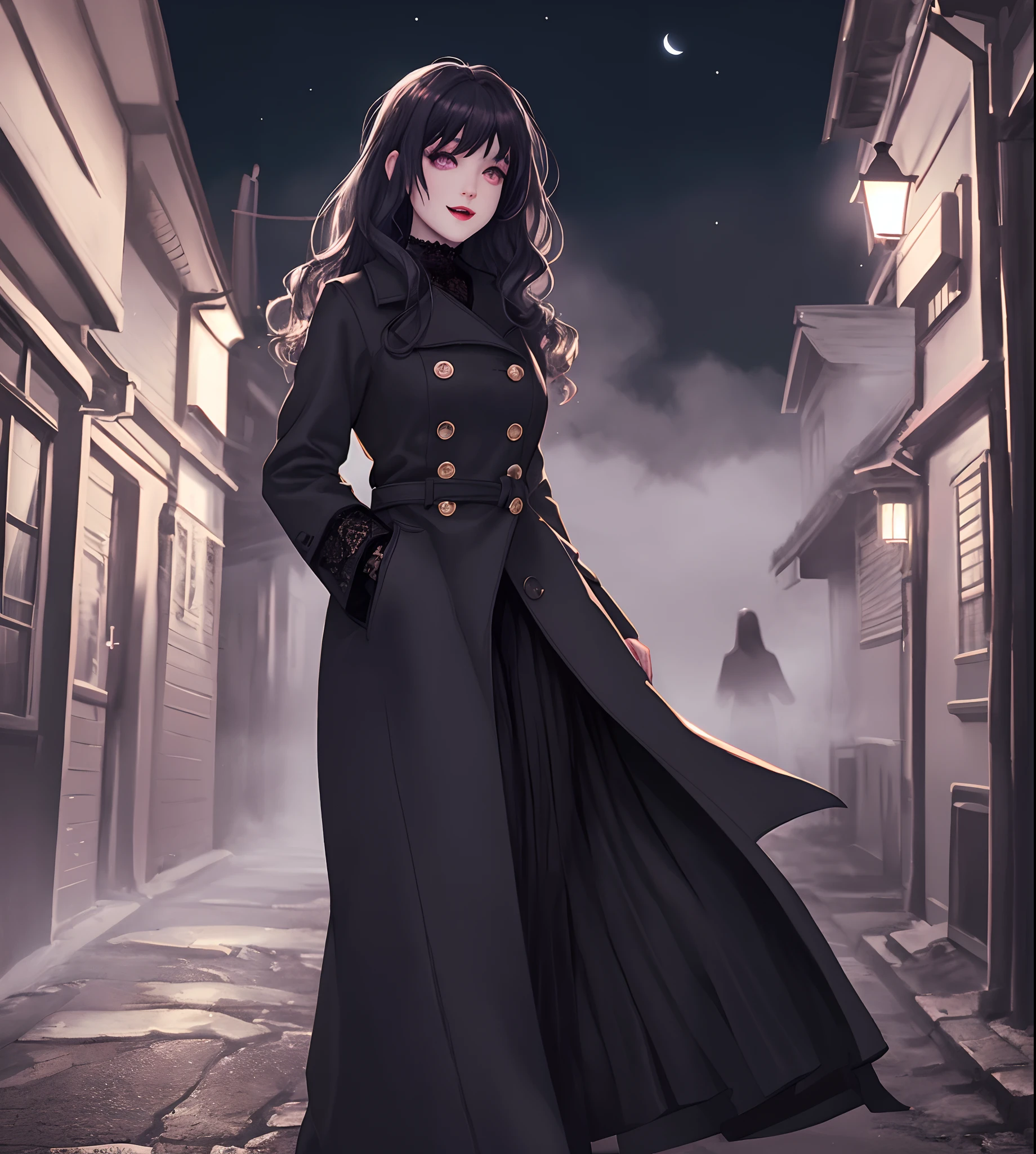 Horror theme element, realistic high quality masterpiece, (beautiful) Japanese female, age 27,subtle vampire fangs, violet eyes, wavy long black hair, walking down dark moonlit alley,clouded quarter moon in sky in background, moonlit,with fog and shadows, spooky,nightime,cinematic lighting,dressed conservatively, wearing a deep purple lace top & double breasted coat black (buttoned up) closed coat black, medium length black skirt black., fix hands, detailed lips
