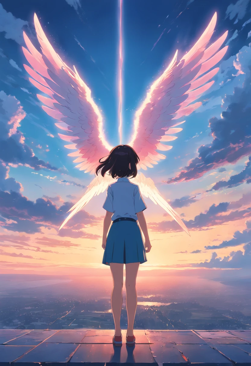 masterpiece, best quality, movie still, 1 Half Girl Half Angel, Looking at clouds to go to Haven, 2 Wings, One wing with blood and damaged, Sad and Dark story