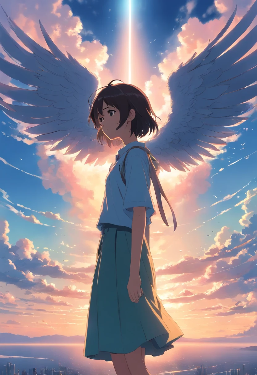 masterpiece, best quality, movie still, 1 Half Girl Half Angel, Looking at clouds to go to Haven, 2 Wings, One wing with blood and damaged, Sad and Dark story