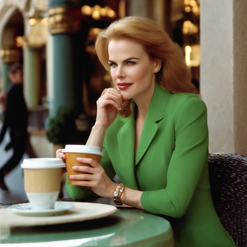 Young Nicole kidman drinking a coffee in luxury outdoor shopping mall