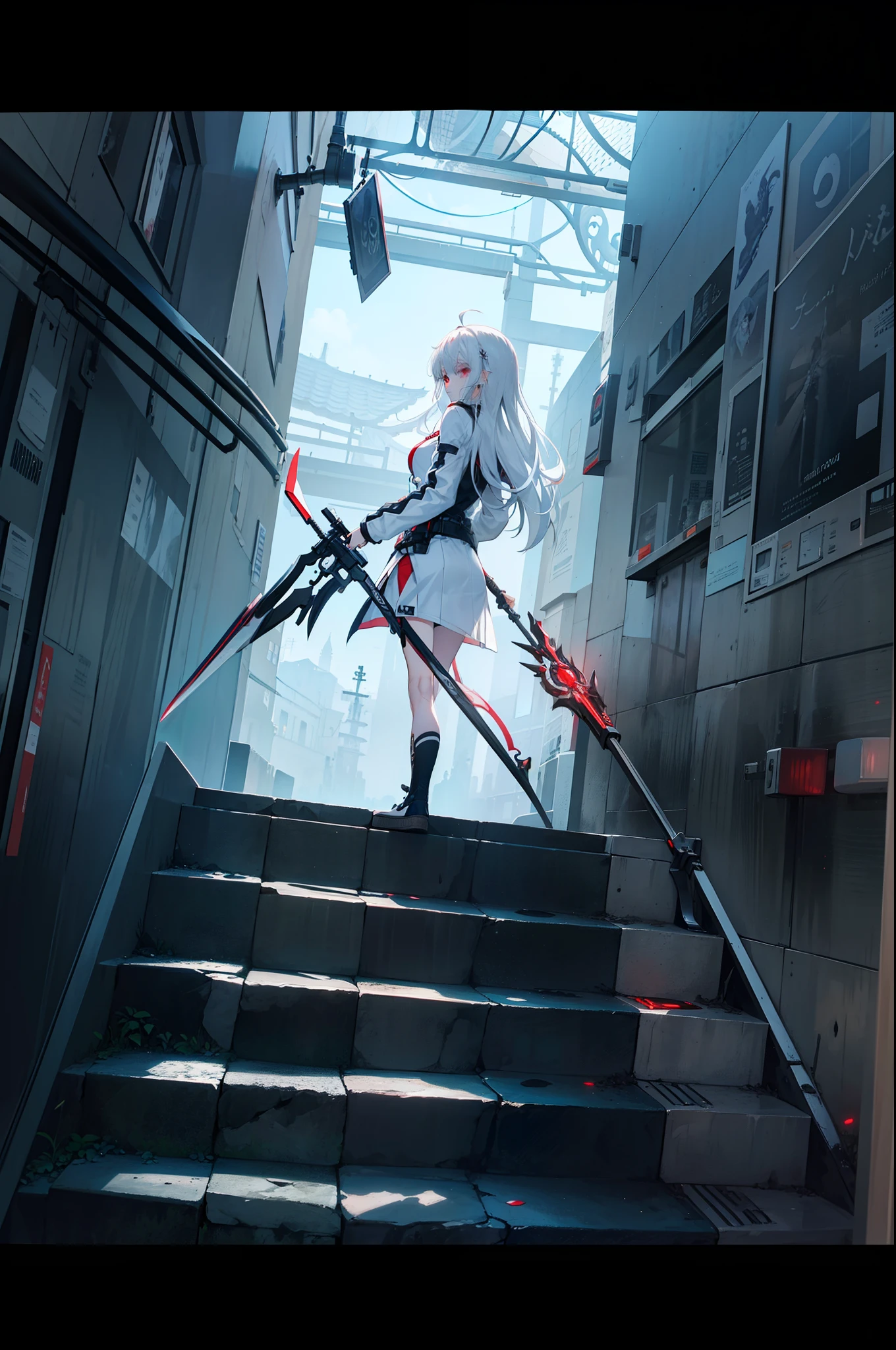 masterpiece,(bestquality),highlydetailed,ultra-detailed,1girl,bishoujo,stare,red eyes,beautiful detailed eyes,long hair,white hair,silver_hair,"Wing-like bangs","Dull hair",ahoge,Hair rings,"Half tied hair",cold1girl,from behind,holding,holding weapon,jacket,letterboxed,solo,standing,weapon