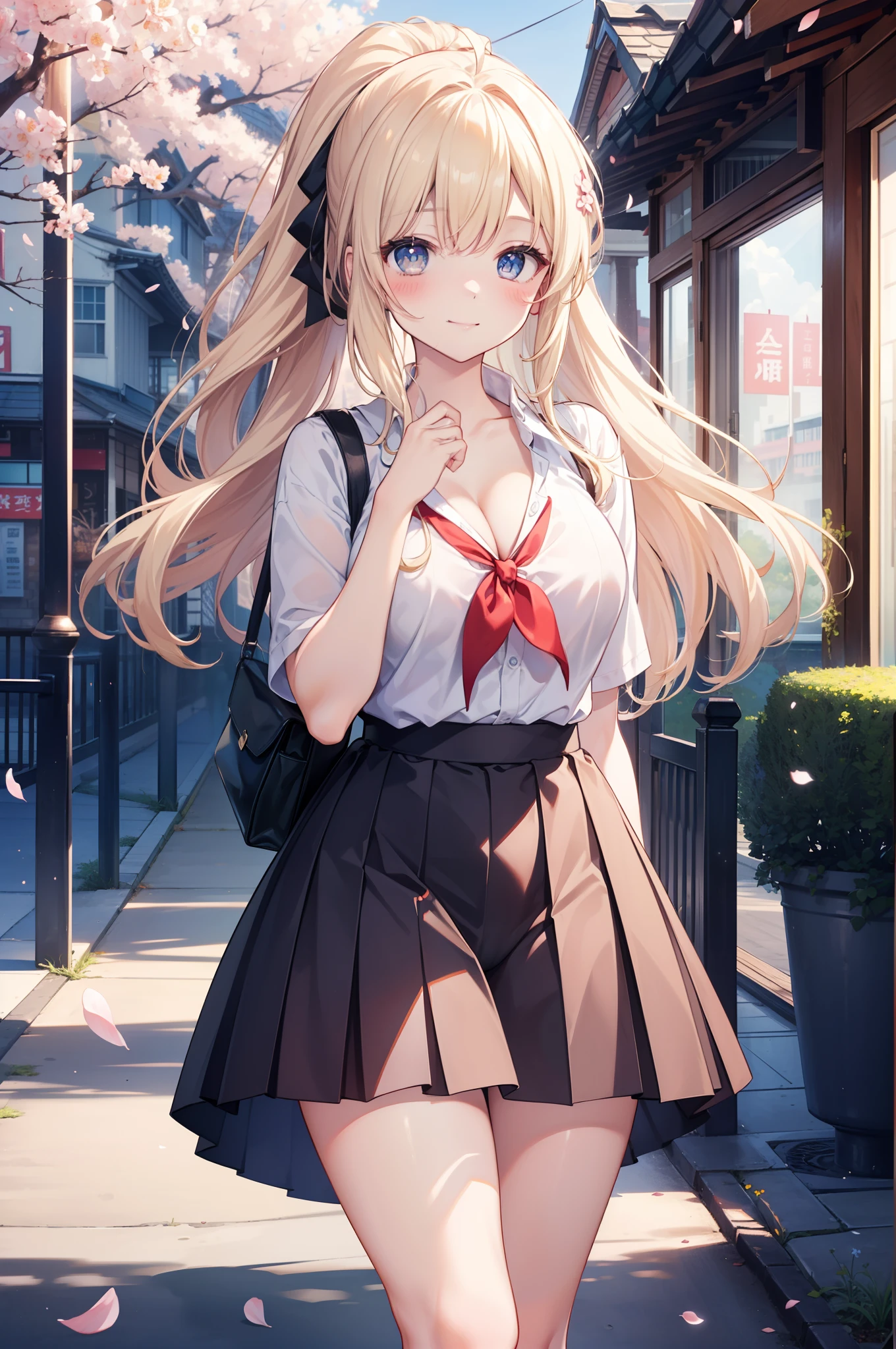 masterpiece, top-quality, Official art, (Highly detailed CG Unity 8K wallpapers), 细致背景, (Guido Daniel's Hand: 1.1), foot out of frame, One-person viewpoint, 1, Attractive and perfect beautiful woman, hi-school girl、nffsw、Schoolgirl Uniform、springtime、cherry trees、blows wind、(((Flipping skirt、I can see the white panties)))、(Curvaceous), ( white thighhig: 1.12)、(Blonde long-haired:1.12)、(Ahoge:1.13)、(High Ponytail:1.12)、(verd s eyes:1.13)、Look at the viewer、maior、(cleavage of the breast)、beautiful expression、(red blush:1.11)、(A smile:1.11)
