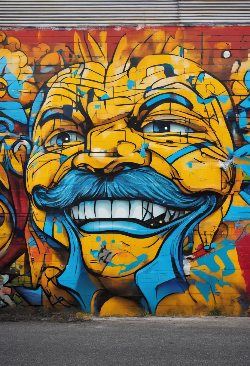 Prompt: rosto barbudo e sorridente em tons de azul e amarelo