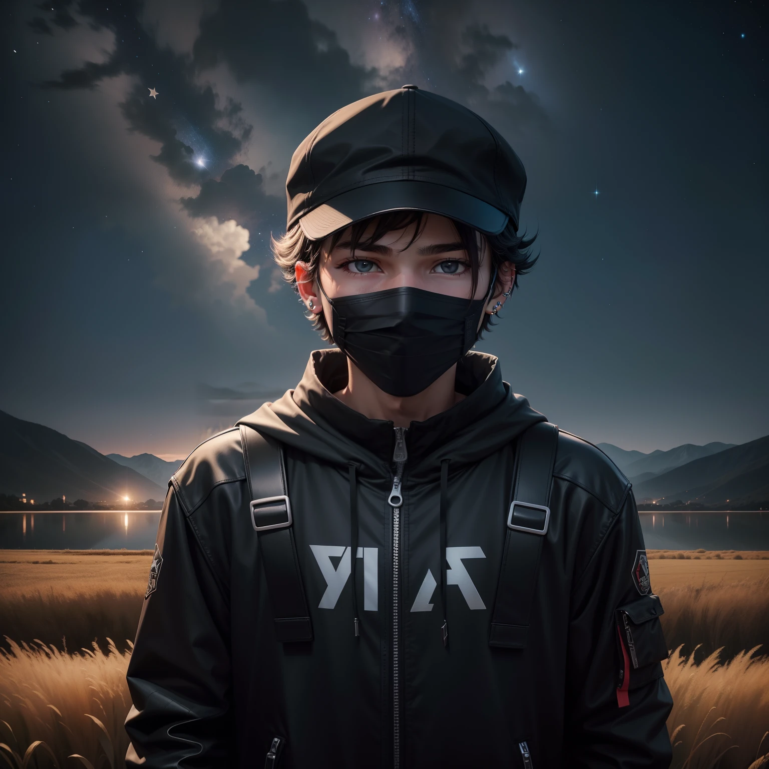 A Teenager boy wearing a Black Mask right ear is pierced wearing a cap standing in a open field in Night stars are all over the sky there is a lake behind him , Hyperrealistic, 8k ,
