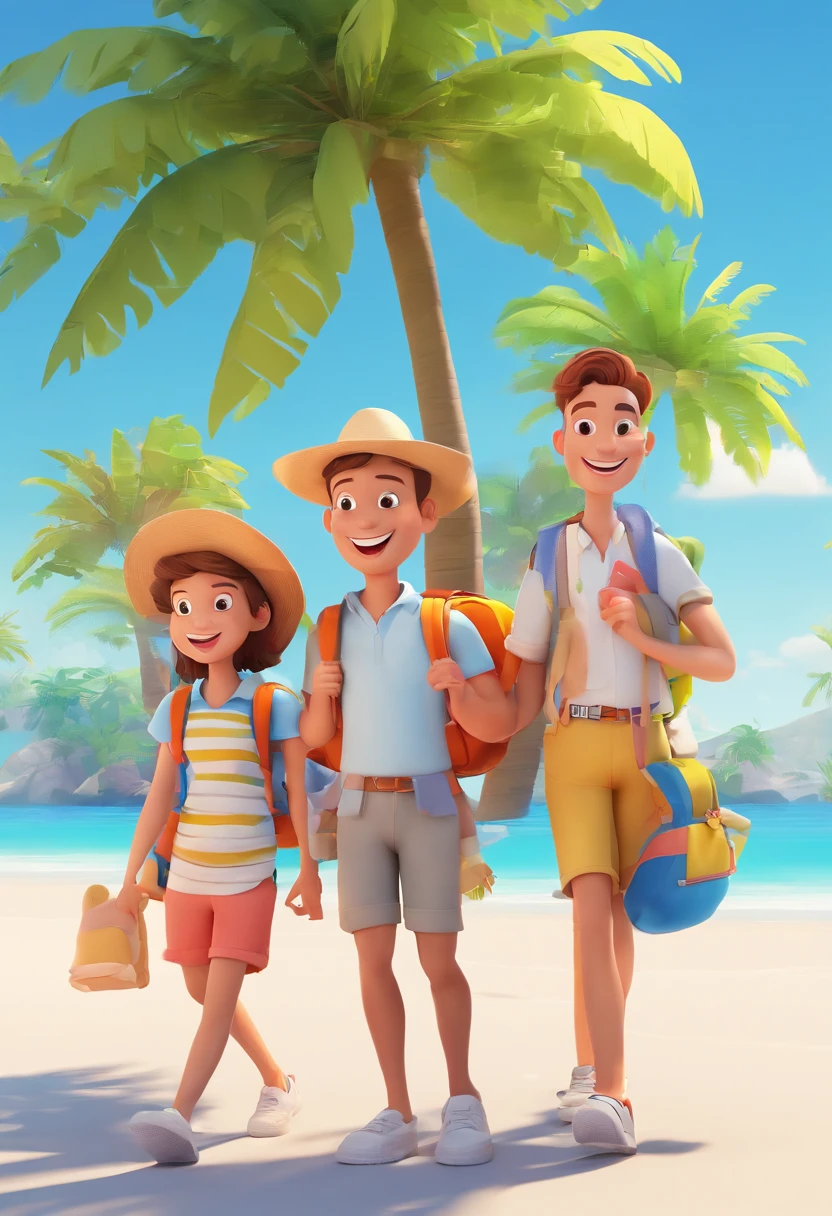a family in cartoon style carrying backpacks on a vacation with happy smiles, palm trees, front view, all white background, streetwear design, pro vector, 10 colors only, solid colors, no shadows, full design, cool colors, sticker, bright colors