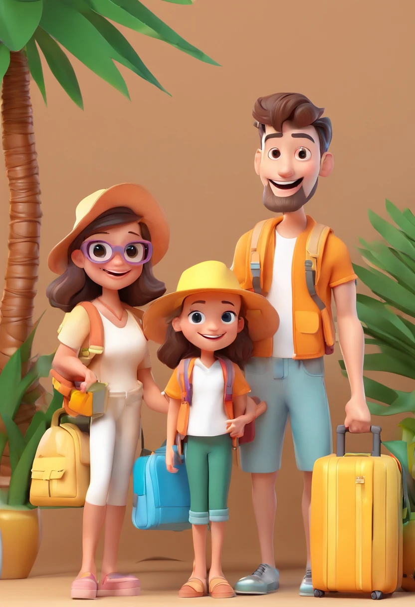 a family in cartoon style carrying backpacks on a vacation with happy smiles, palm trees, front view, all white background, streetwear design, pro vector, 10 colors only, solid colors, no shadows, full design, cool colors, sticker, bright colors