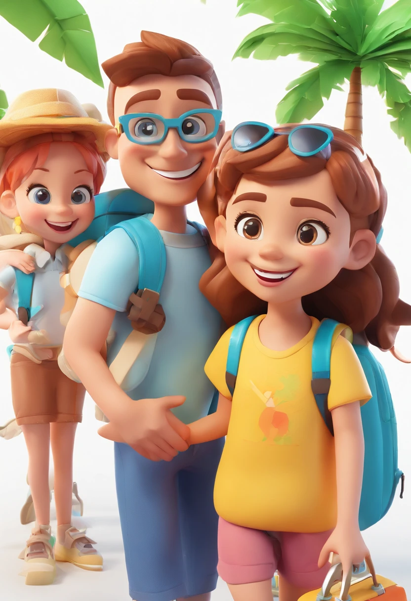 a family in cartoon style carrying backpacks on a vacation with happy smiles, palm trees, front view, all white background, streetwear design, pro vector, 10 colors only, solid colors, no shadows, full design, cool colors, sticker, bright colors