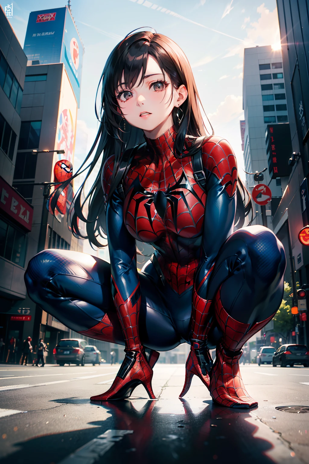 nsfw、High-leg suit(masutepiece, Best Quality), Intricate details, 8K, art stations, Wallpaper, Official art, Splash Art, Sharp Focus, 1girl in, Tifa Lockhart, Long hair, dark brown eyes, Black hair, Big breasts, Skins don't appear, Skintight Spiderman Suit, She is dressed in white, Red, Spider-Man's suit with black theme、crouching down、open leg、Tokyo Skytree cutting-edge in the afternoon