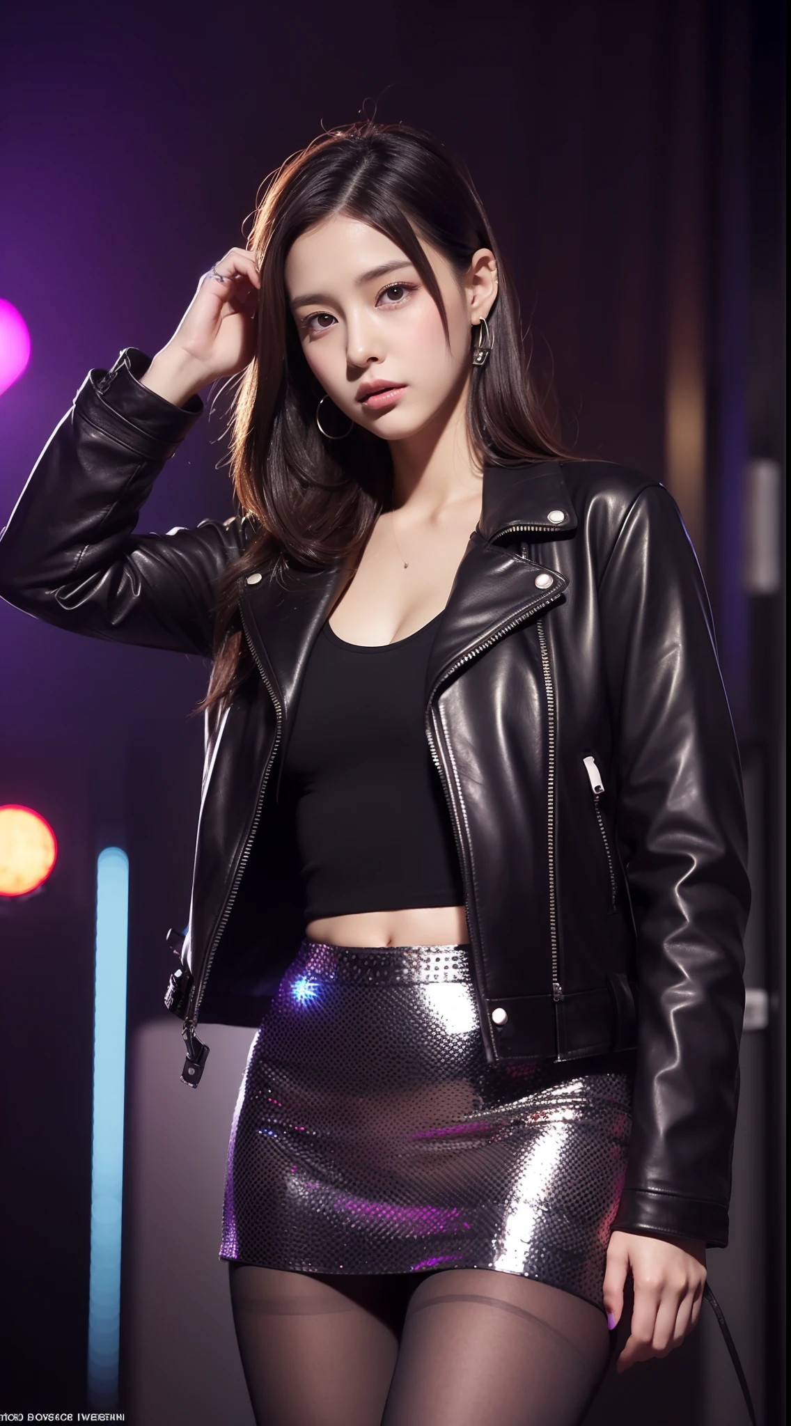 ulzzang -6500-v1.1,(Original photo:1.2),(Realistic:1.4),Beautiful detailed girl,Very detailed eyes and face,Beautiful detail eyes,Ridiculous,Incredibly ridiculous,super detailed,High resolution,Very detailed,Best Quality,masutepiece,Illustration,Very detailed,nffsw,unified,8K Wallpaper,amazing,Fine detail,masutepiece,Best Quality,Face Light,movie lights,1 girl,,((Dynamic Pose))),((Sexy Pose))),(Camel toe),(pantyhose),(Leather_Jacket_with_ornamented:1.5),(pasties_Mini_Skirt:1.4),(studded_heels:1.3),(nightlife_disco_Background:1.4),Upper body,Model body type、Slimed、A slender、small tits、very small breasts