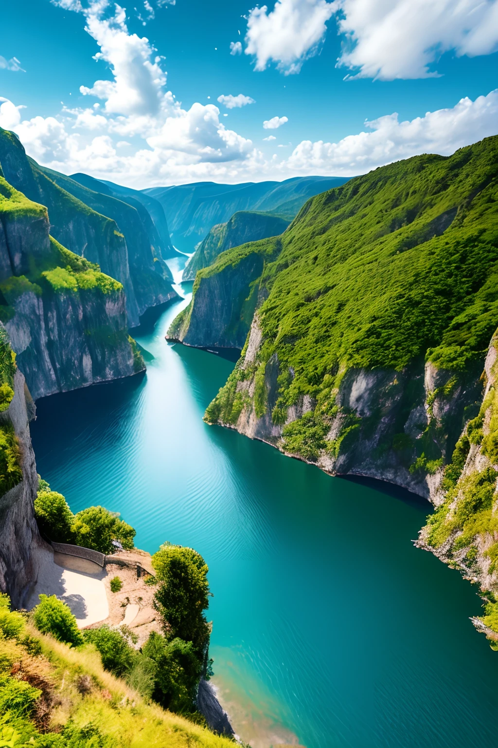 Masterpiece, ultimate quality, Cg unity 8k wallpaper, super delicate, beautiful sky and clouds, rich natural scenery, cliffs, lakes and rivers, waterfalls and flying water, beautiful green mountains, no trace of people, excellent scenery, has already won a photo contest, background Blurring, full depth of field, HDR high dynamics, true restoration, intricate, extreme details, dramatic presentation, perfectly presenting the style of midjourney art.