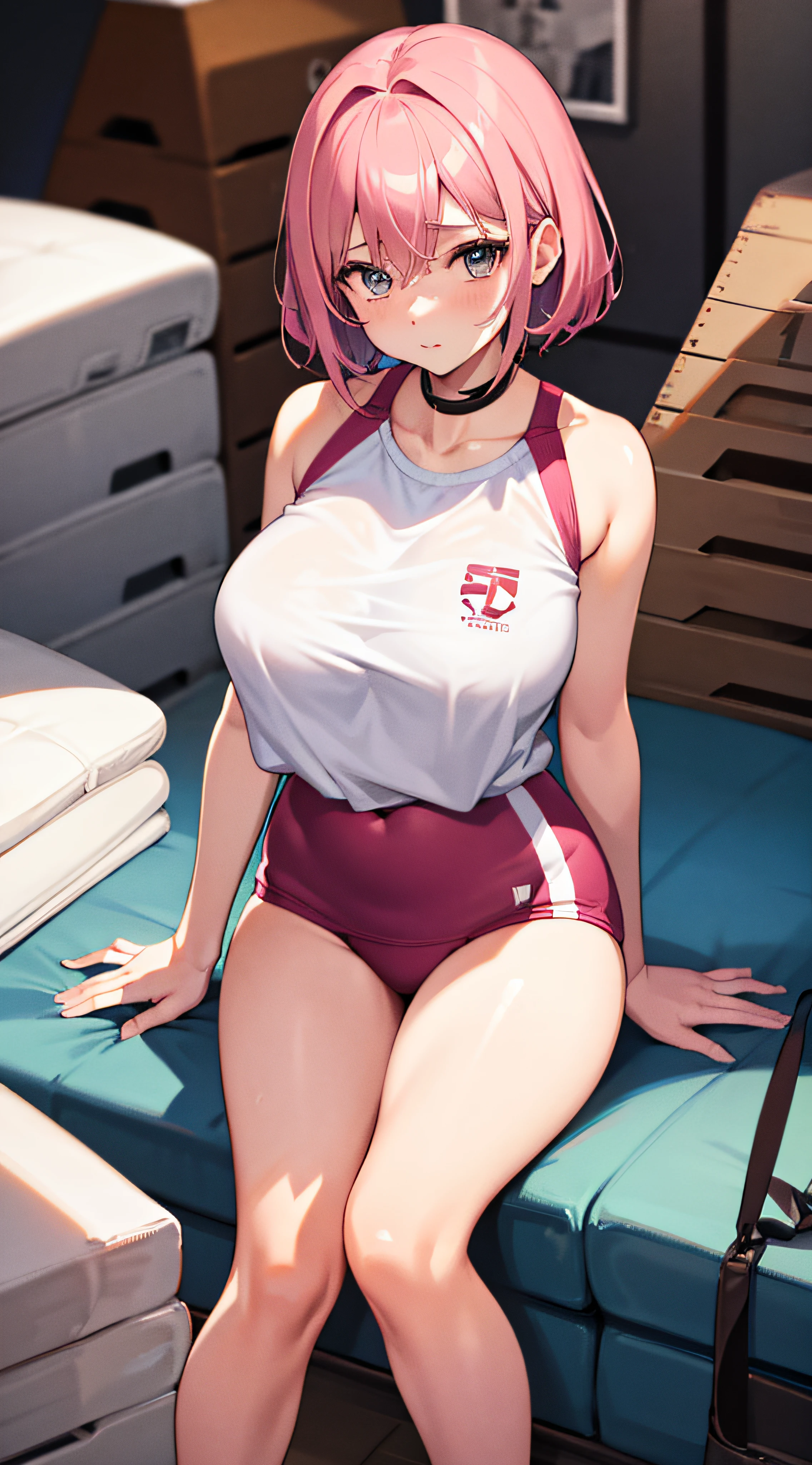 gym storeroom,1girl,pink short hair,tmasterpiece,The best quality,The is very detailed
