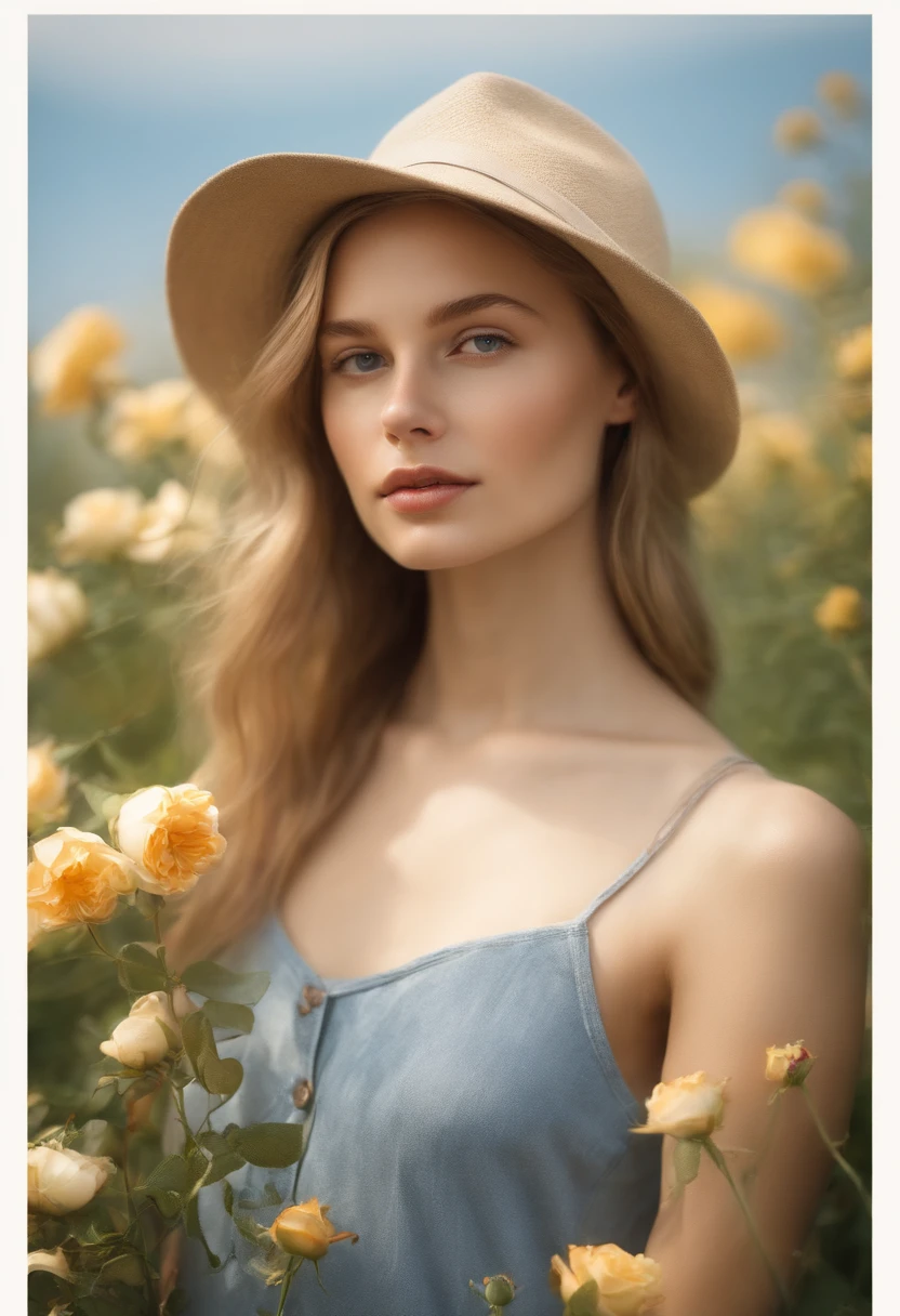 Gentle beautiful slim girl with short blonde hair with soft cheekbones with (Freckles) in a light small light hat in a light loose t-shirt in [blue denim] the skirt is worth (bare footed) among the flowers in the wild overgrown garden and bending down sniffs (roses), (in profile), Flowers and herbs are everywhere, (((There is only one girl in the image))), warm, soft, light, restrained shades;, (in the sun's glare)