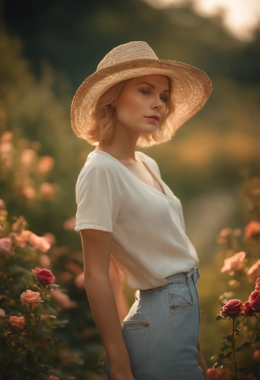 Gentle beautiful slim girl with short blonde hair with soft cheekbones with (Freckles) in a light small light hat in a light loose t-shirt in [blue denim] the skirt is worth (bare footed) among the flowers in the wild overgrown garden and bending down sniffs (roses), (in profile), Flowers and herbs are everywhere, (((There is only one girl in the image))), warm, soft, light, restrained shades;, (in the sun's glare)