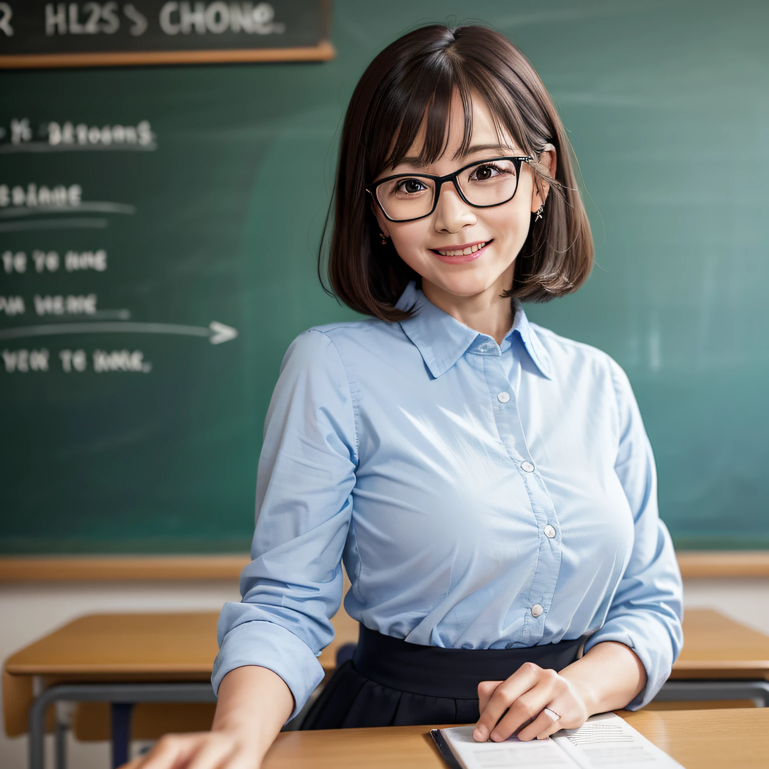 Photo written by people,50 year old women, eye glass,Gentle eye set,Stand in front of the blackboard in the school classroom,Language teacher with a smile on his face