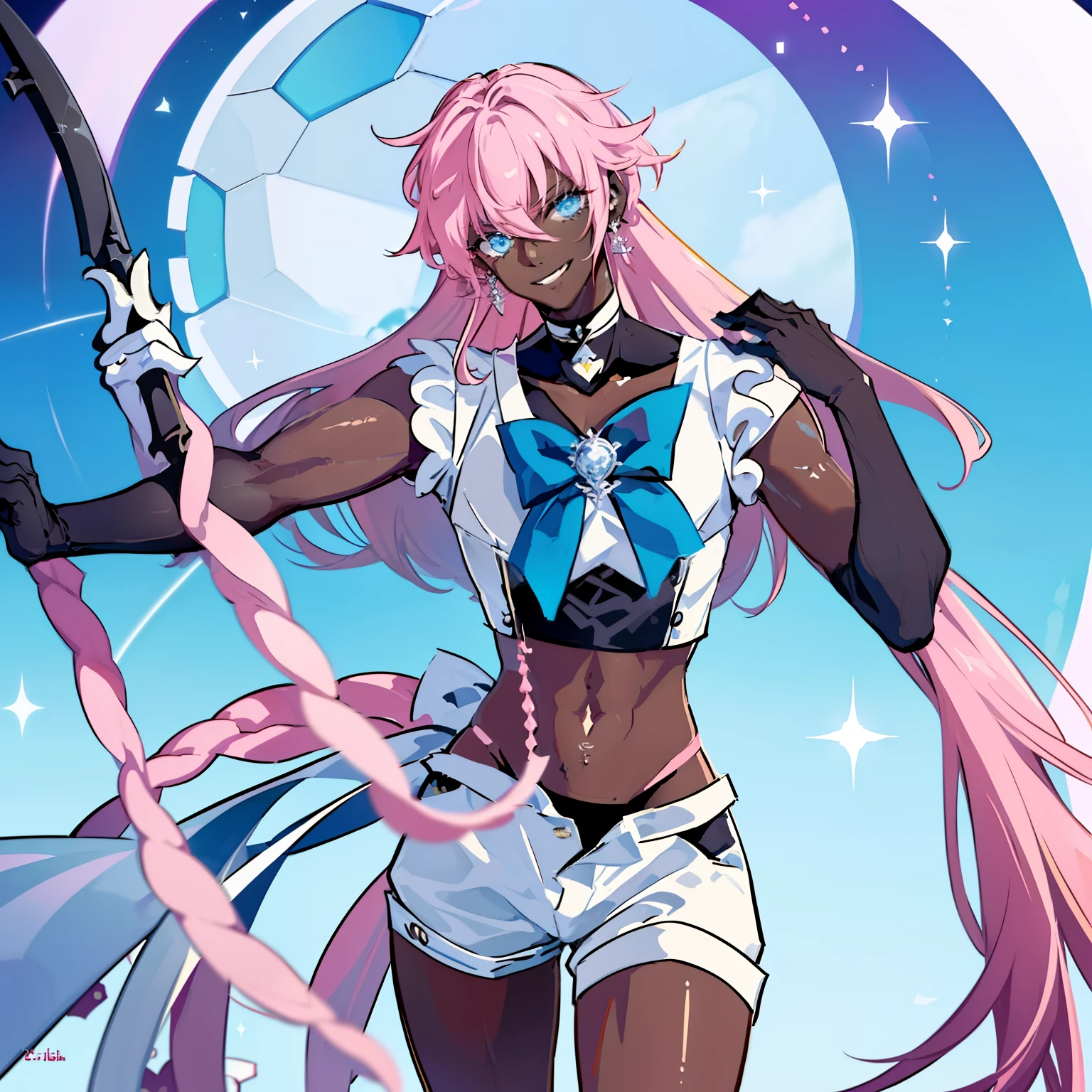 "Create a stunning artwork of a (( Beautiful,Man as hybrid of Sailor Moon with intricate details, vibrant colors, and dynamic poses, Smiling )), ((the Man has dark skin:1.4)) ,(( long white hair with Pink streaks ,)) and (( a Skimpy white and Pink Outfit with white shorts that shows his midriff)).incorporate elements of Sailor Moon's iconic outfit, such as the sailor collar and bow, while adding ((White Rock Shooter's unique style and attitude)), Carrying a Scythe,Show him in a powerful, Sexy and confident pose, Ensure the artwork is of the highest quality, with exquisite attention to detail and flawless execution.", sailor outfit