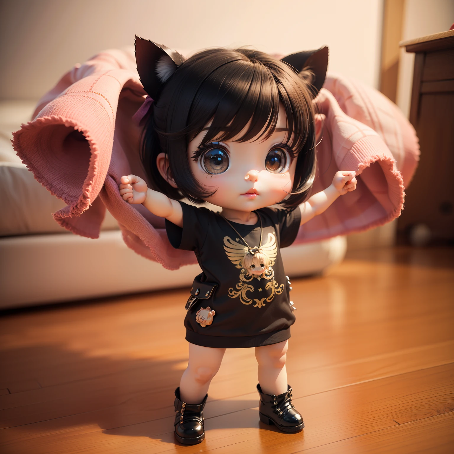Cute Chibi Anime、(((Chibi 3D))) (Best Quality), (masutepiece)、Pork Chibi、Sharp Claw Pose、A detailed face、Standing、The background is Chibi Living